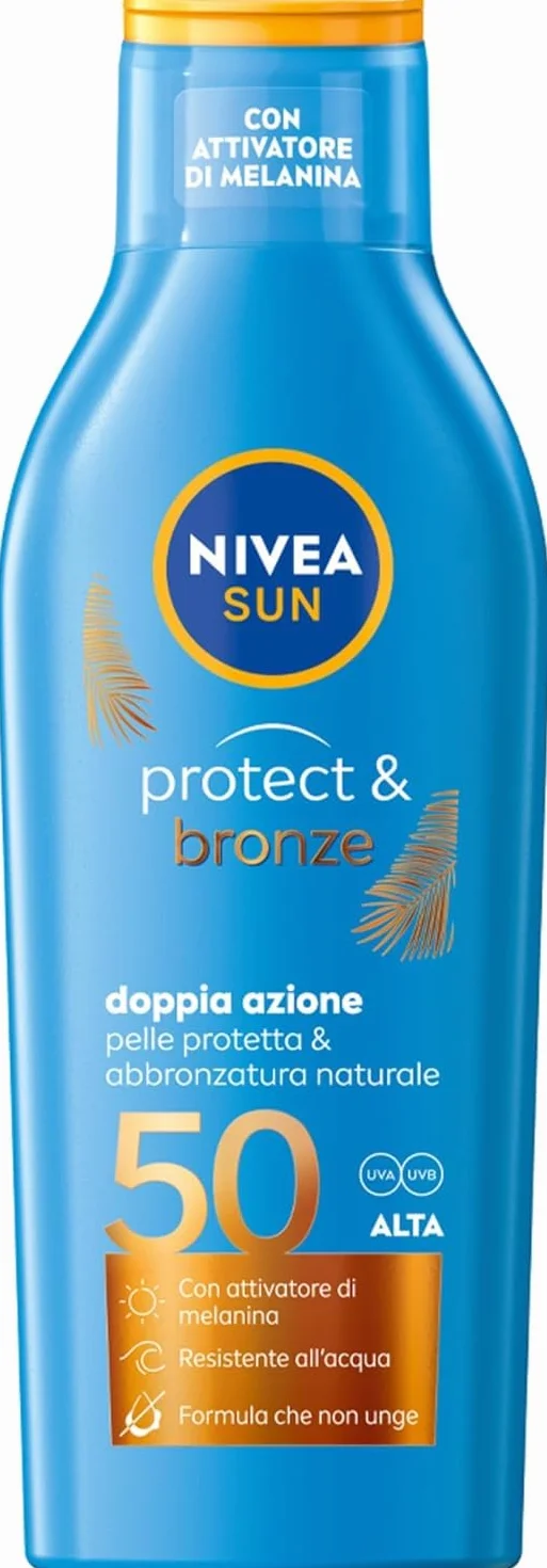 NIVEA SUN Latte Solare Protect & Bronze FP 50 200 ml, Crema solare 50 per un'abbronzatura dorata, intensa e uniforme, Protezione solare 50 con attivatore di melanina
