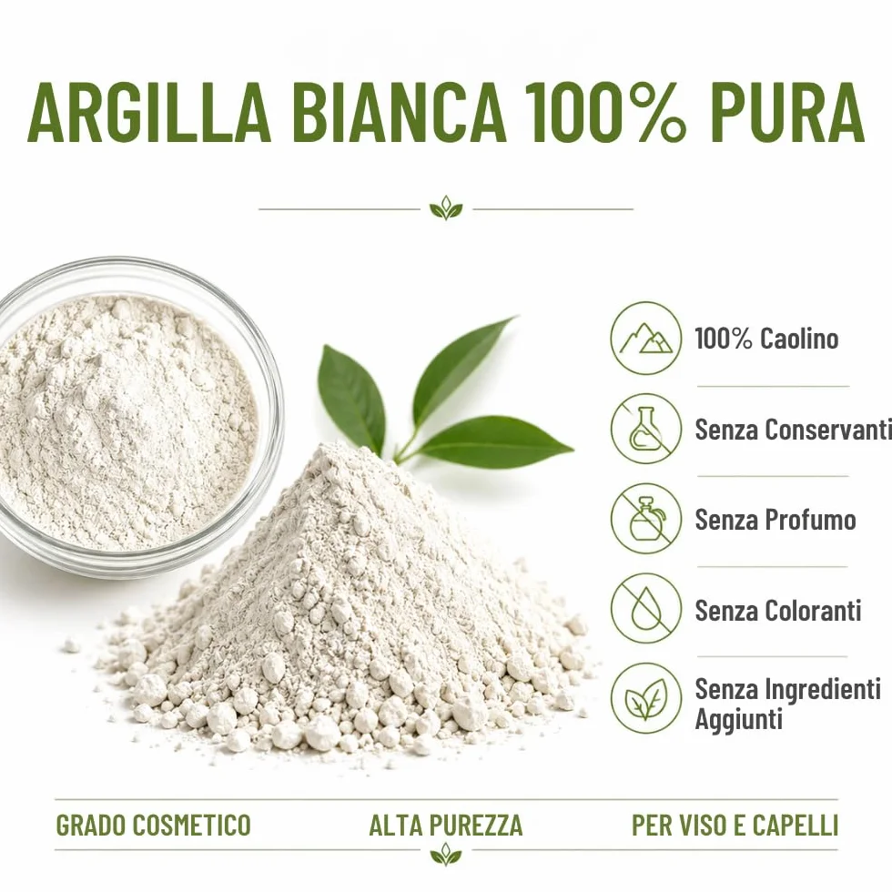 Argilla Bianca di Kaolin | 500 gr | Per la Cura della Pelle e dei Capelli | Esfoliante e Lenitivo | Ringiovanisce, calma e ammorbidisce la pelle