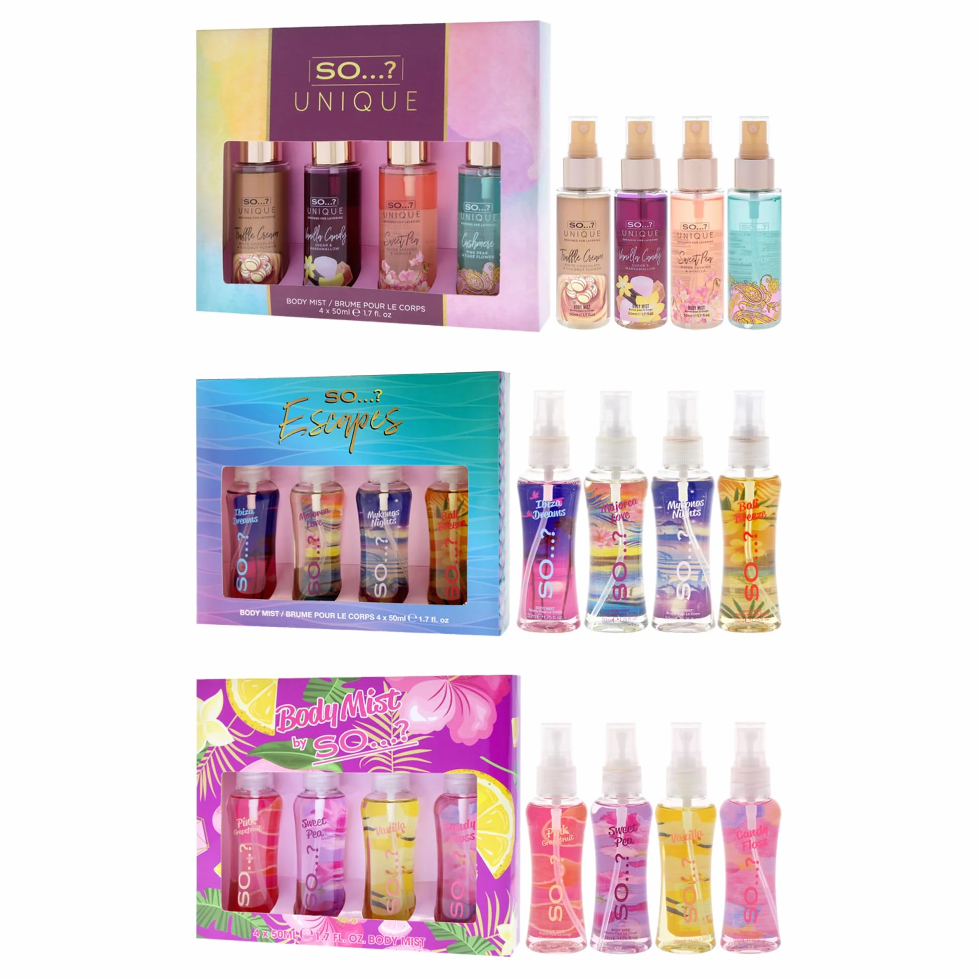 So…? Summer Escapes, Body Mist by So…? & Unique Womens Gift Sets Bundle, Body Mist Fragrance Spray (4x50ml) Pack of 3
