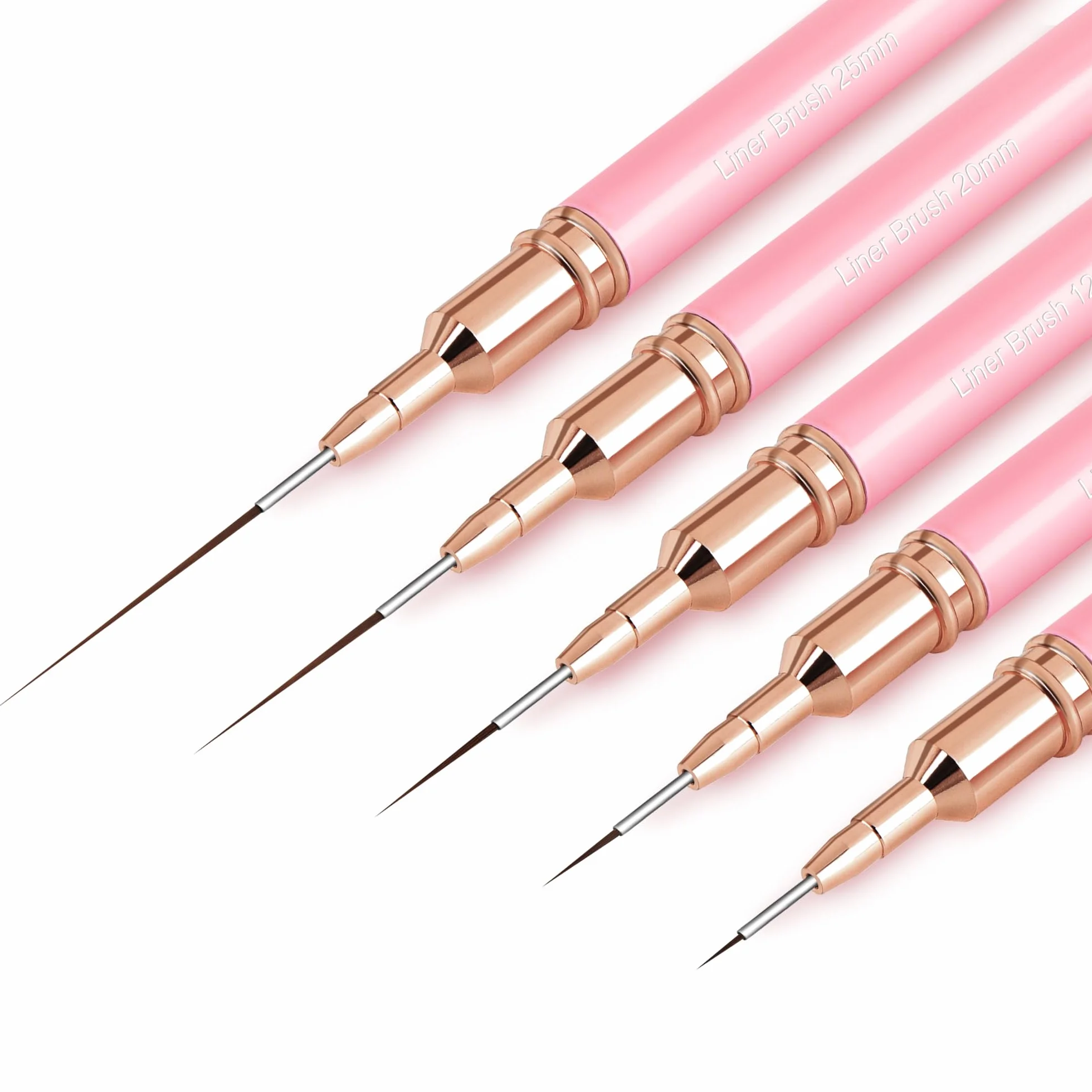Pennelli per nail art, 5 pennelli per nail art, set di pennelli per disegnare e punteggiare le unghie, per linee lunghe, dettagli sottili, dimensioni 4/8/12/20/27 mm，rosa