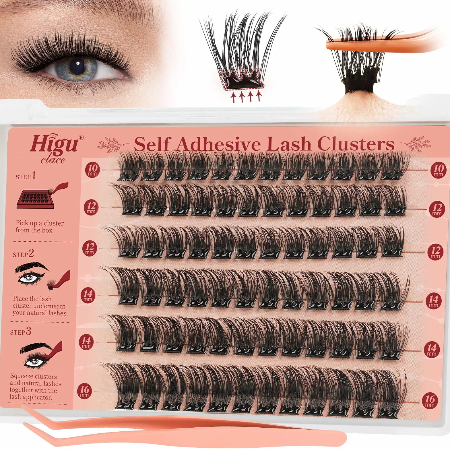 Higu clace D curl Ciglia Autoadesive, Ciglie Finte Naturali, Set Di Ciglia Preincollate, Mix 10-16 mm, Senza Colla E Rimozione, Per Fai Da Te (Natural 011)