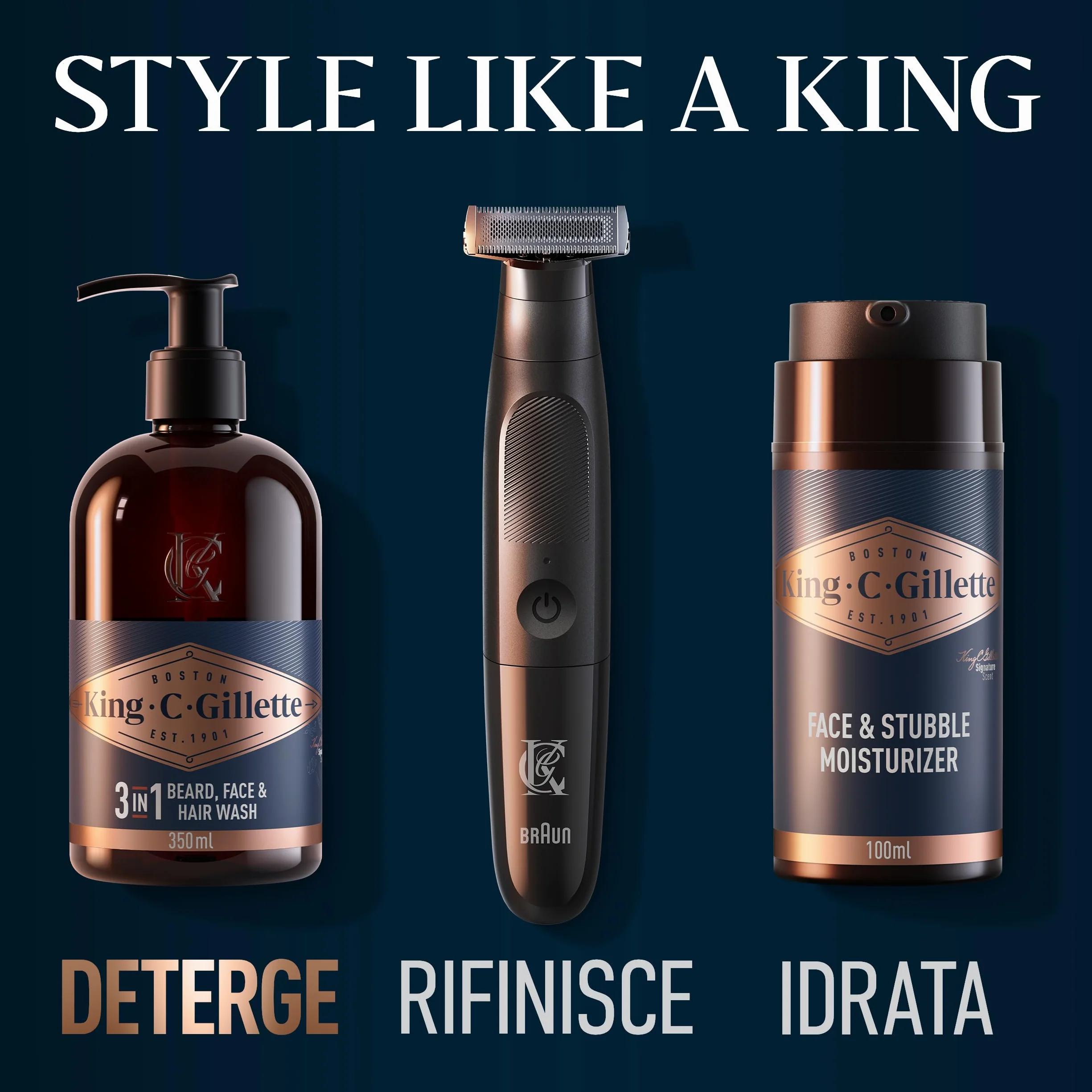 King C. Gillette Detergente Viso Uomo 3 in 1, Sapone Barba, Viso e Capelli, Pulizia e Freschezza, Profumazione King C., Cura della Barba, Idea Regalo Uomo