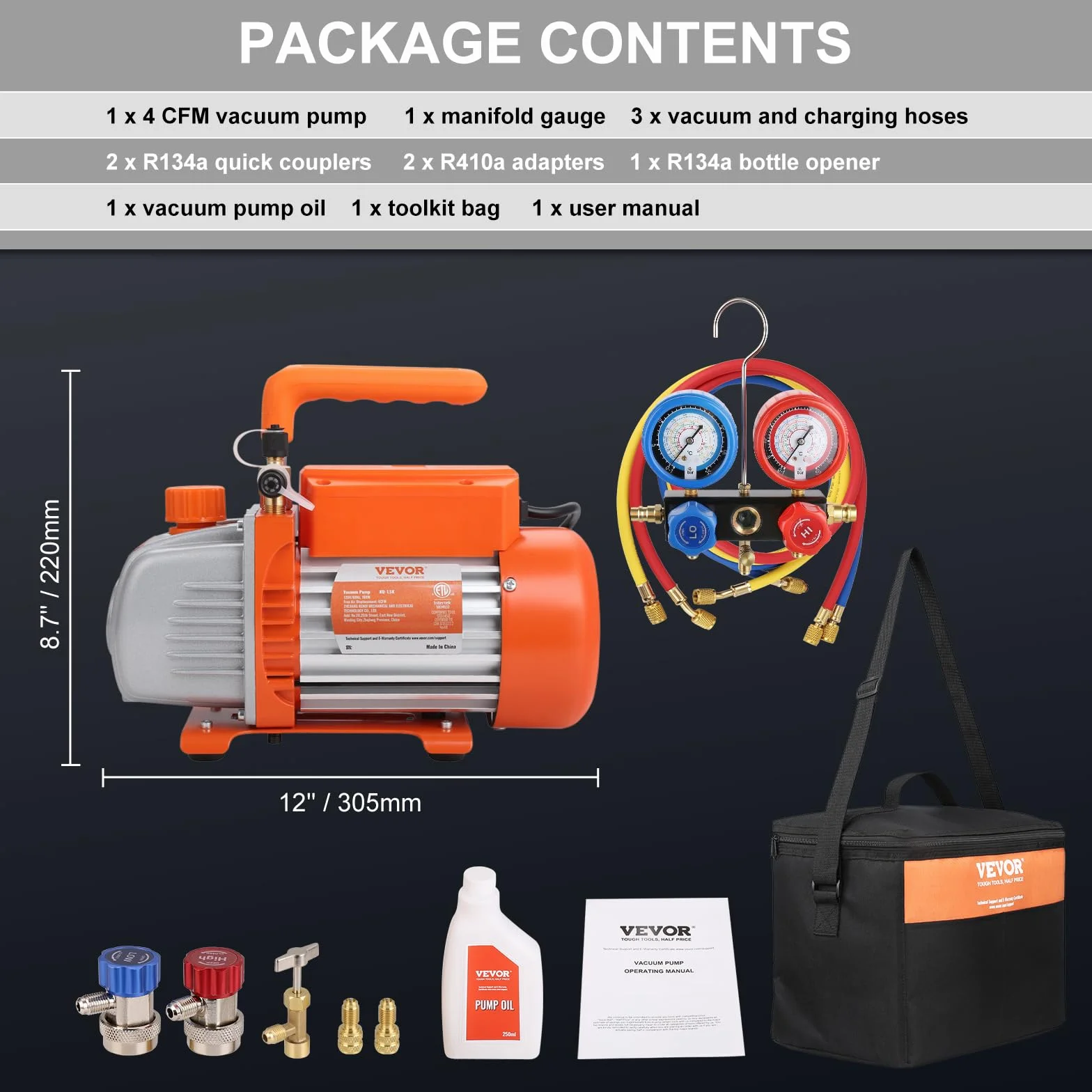 VEVOR Kit Pompa a Vuoto Monostadio 180W 4 CFM 55-276 bar 5 Pa per Aria Condizionata HVAC