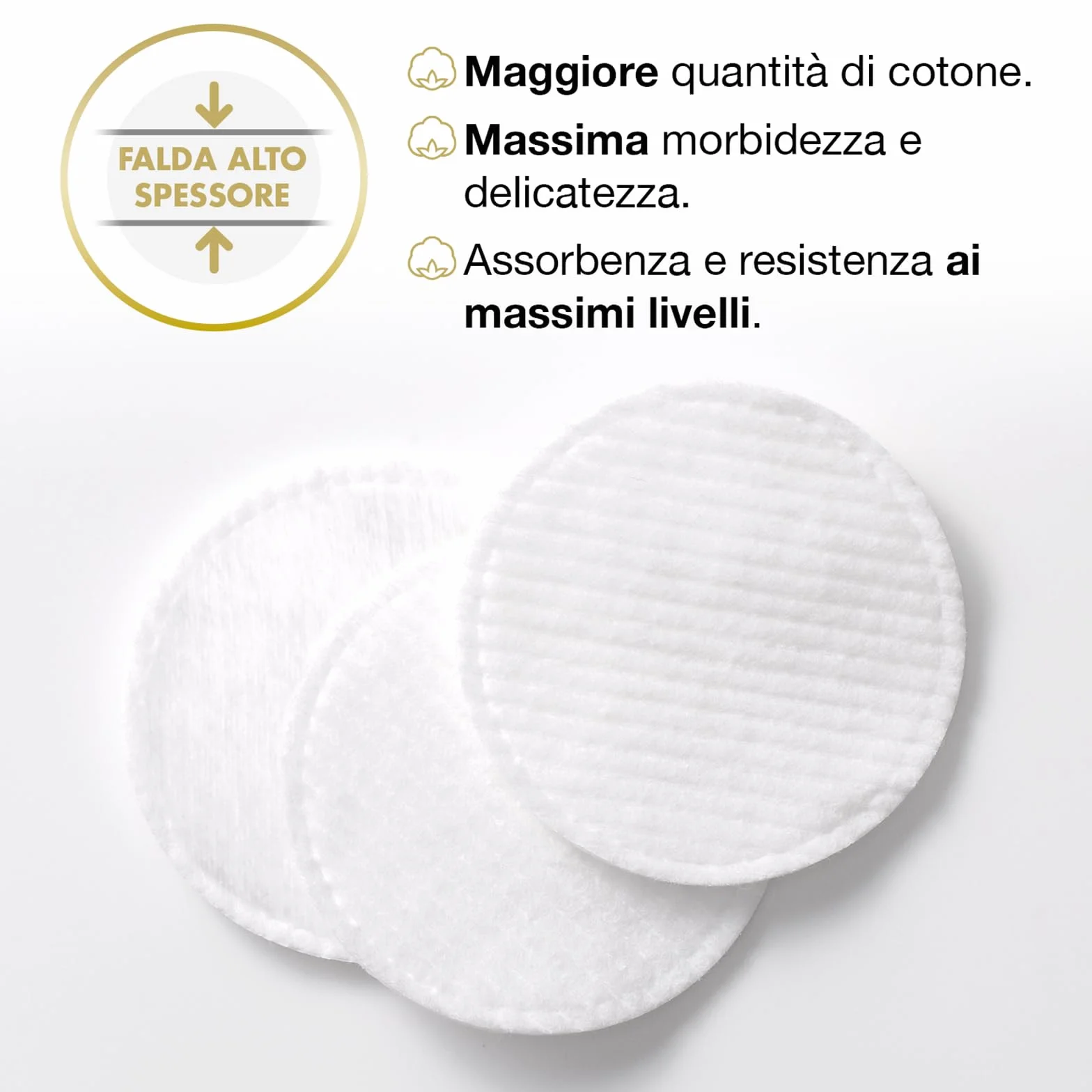COTTON SOUND GOLD Dischetti Struccanti 120 Pezzi, Dischetti 100% Cotone, Adatti alle Pelli Sensibili, Ideali per la Rimozione del Trucco, Lato Liscio e Lato Goffrato, Made in Italy