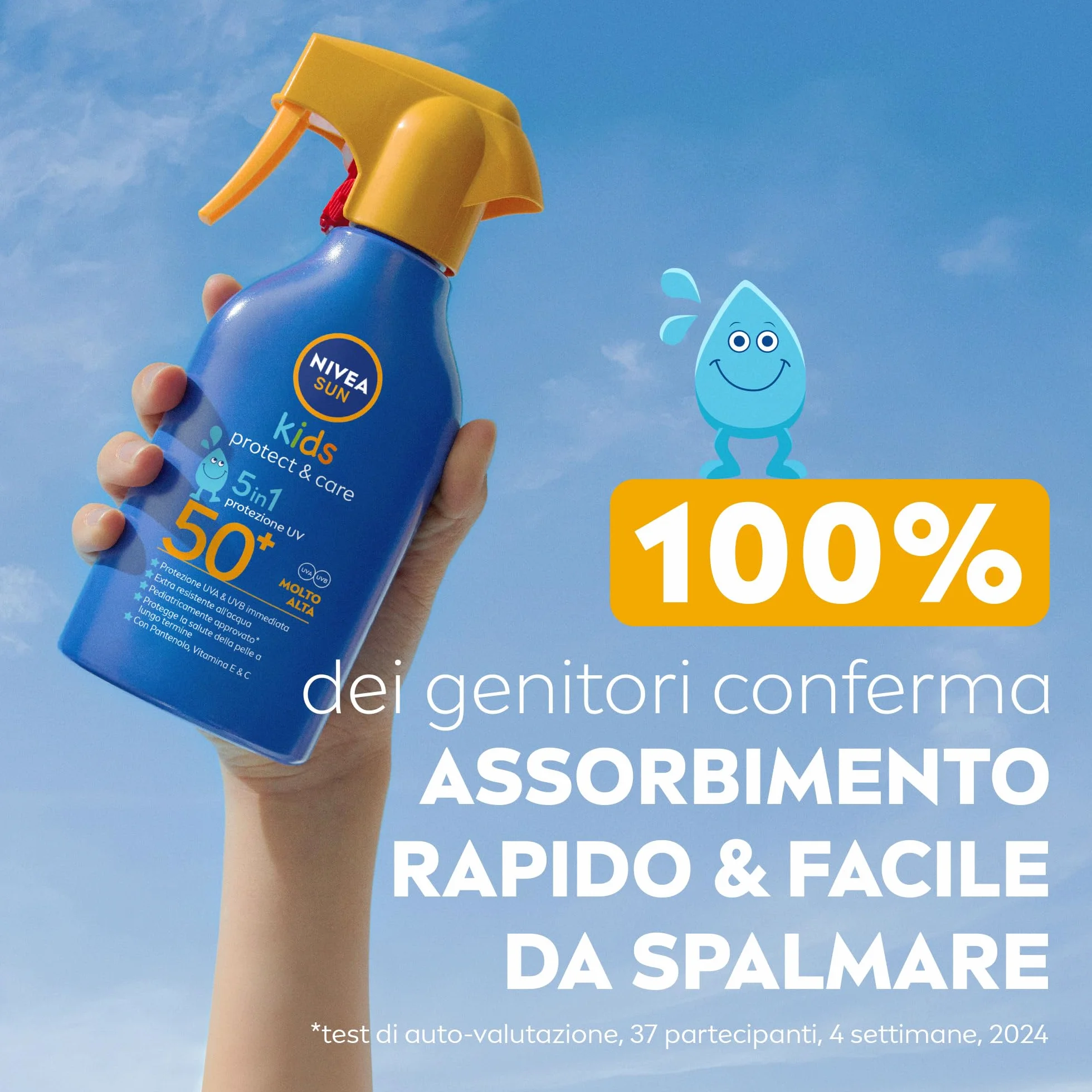 NIVEA SUN Kids Maxi Spray Protect & Care SPF 50+ 270 ml Crema Solare Bambini 3+ Anni Protezione Solare 50 Spray Extra Resistente Acqua Sudore Pantenolo Vitamina C & E