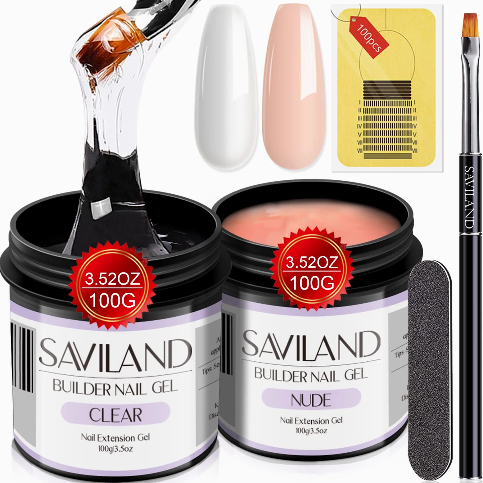 SAVILAND 2 x 100g Gel Ricostruzione Unghie Trasparente Nude 3.5 Once | Builder Gel per l'allungamento delle Unghie, 100 Formine per Unghie, Pennelli e Lime, per Saloni di Bellezza Professionali