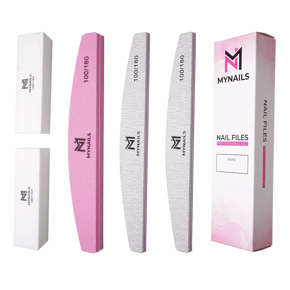 MYNAILS - Lima professionale per unghie, set di 5, 2 lime per unghie mezza luna 100/180, 2 buffer unghie bianche 180/180 e 1 lime per unghie Buffer mezzaluna rosa e bianco 100/180, confezione