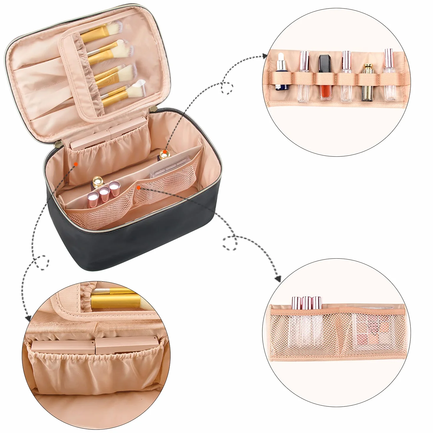 Borsa per il trucco, borsa cosmetica portatile, organizer per il trucco da viaggio, grande capacità, nera per donne, borsa da toeletta per ragazze con manico e divisorio da viaggio, A-Nero, Da viaggio