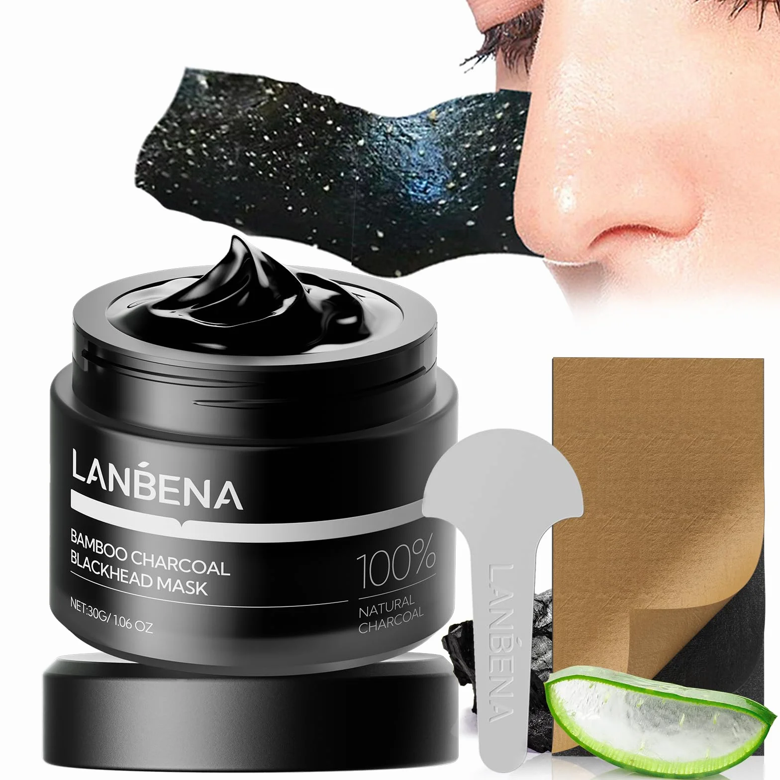 LANBENA Strisce per Pori al Carbone di Bambù (30g/1,06 Oz), 60 Pezzi Striscia per Naso con Rimozione Punti Neri, Rimozione Punti Neri per il Viso, Kit per Rimuovere Punti Neri, Striscia per Naso per