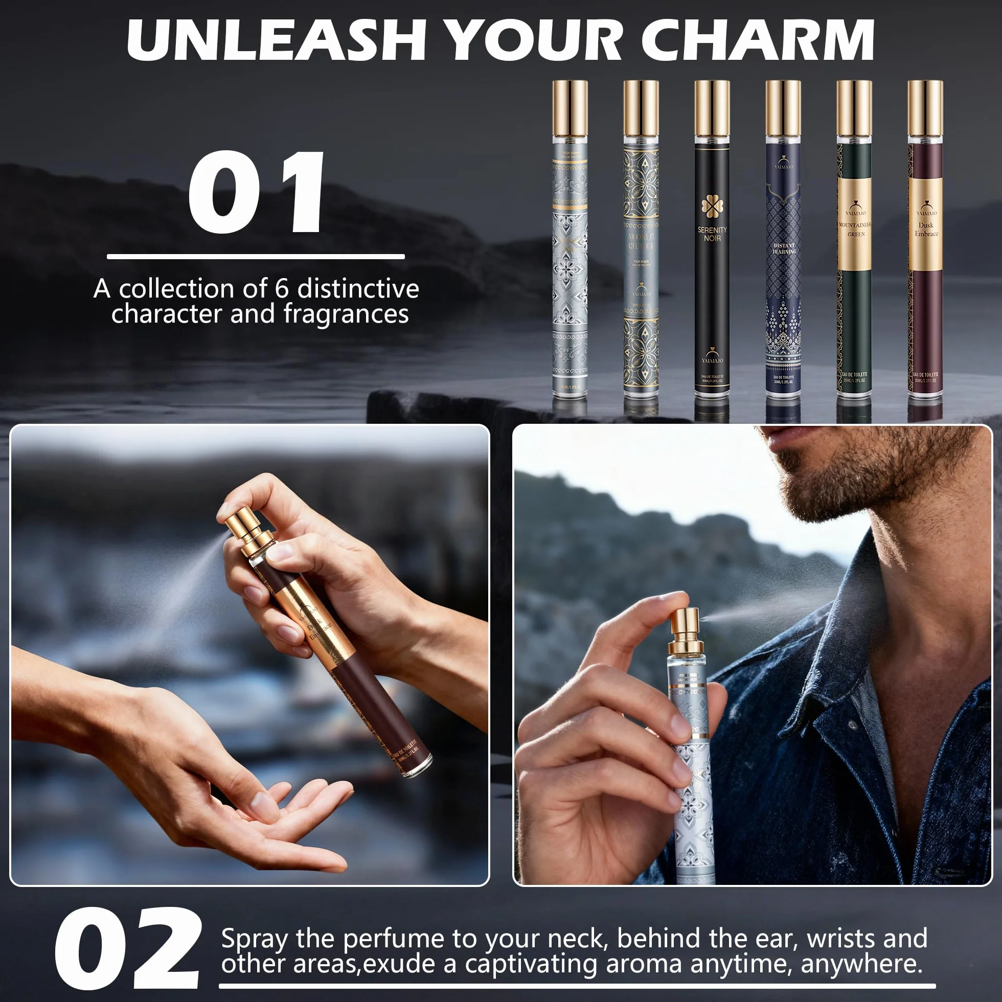 Profumo da uomo, 6 x 35 ml, Eau de Parfum, profumo da uomo, con bergamotto, vaniglia e sandalo, profumo duraturo in qualità profumata, fresco e sensuale, mini set di profumi da viaggio