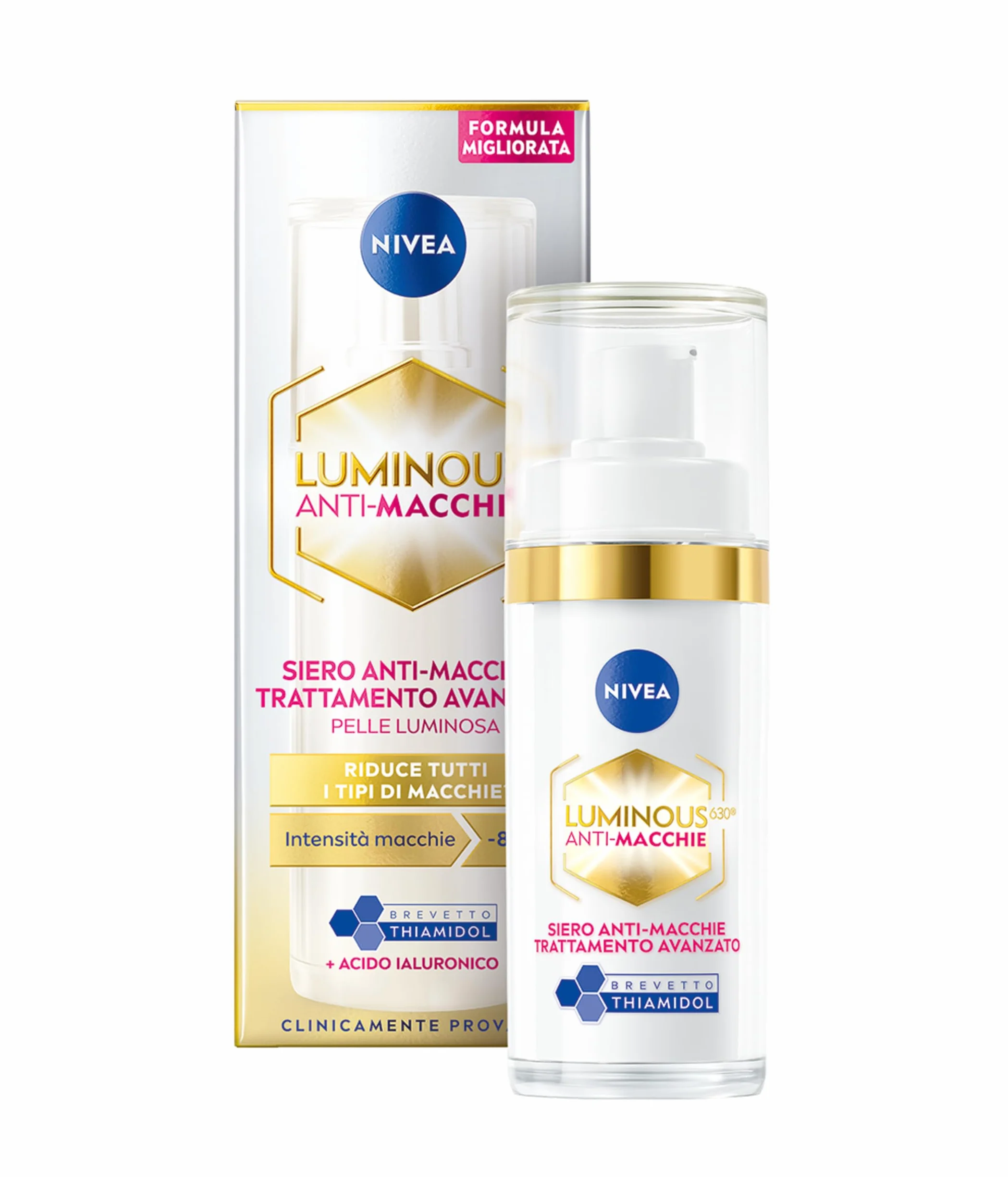 NIVEA Luminous630 Siero Viso Anti-Macchie Trattamento Avanzato 30 ml, Siero antimacchia viso per una pelle luminosa, Siero viso Acido Ialuronico e Thiamidol brevettato per tutti i tipi di macchie