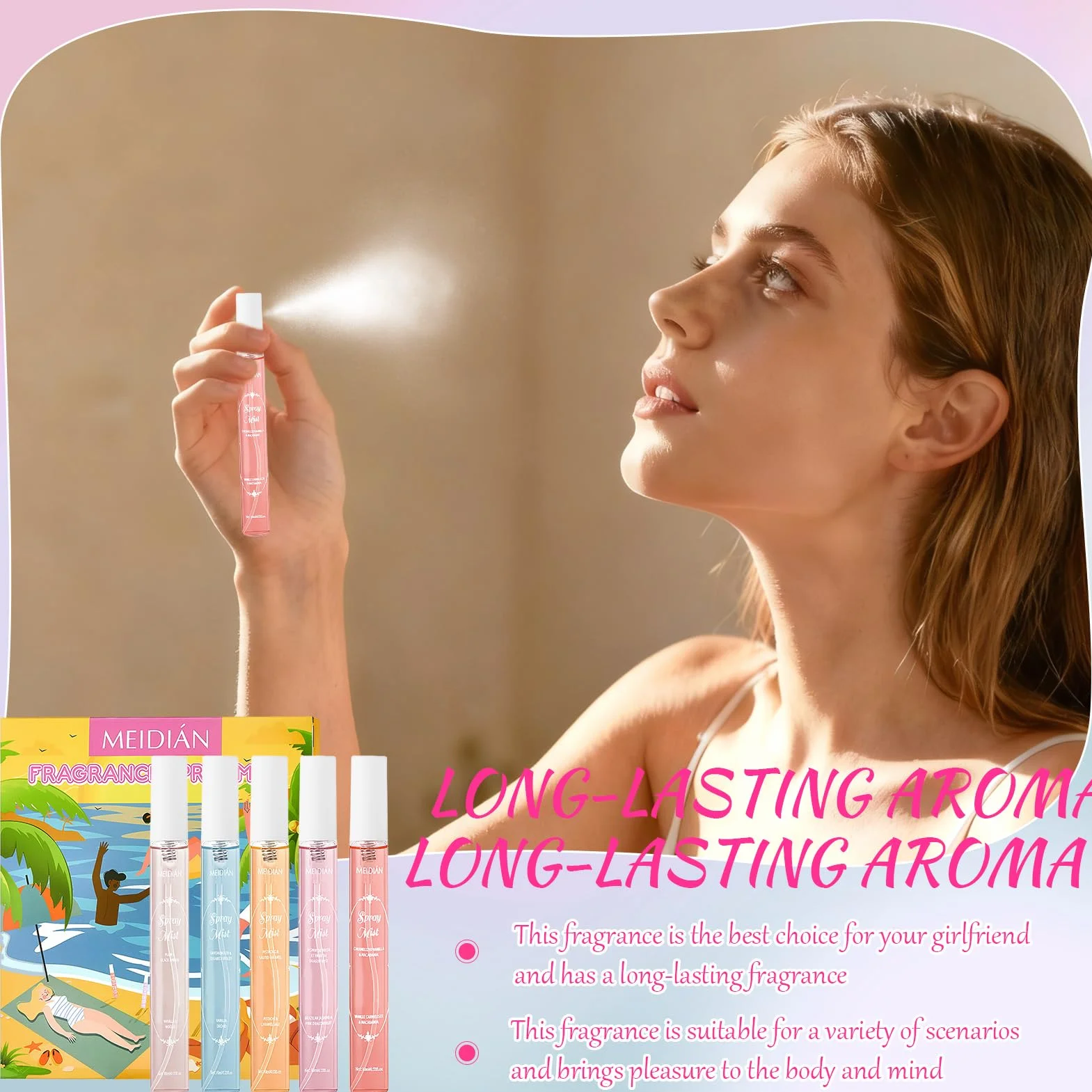 Set di Acqua Profumata per capelli e corpo, mini profumi, Acqua Corpo Profumata donna, fragranza a lunga durata per viaggi e vacanze, regalo per donna 5 x 10ml