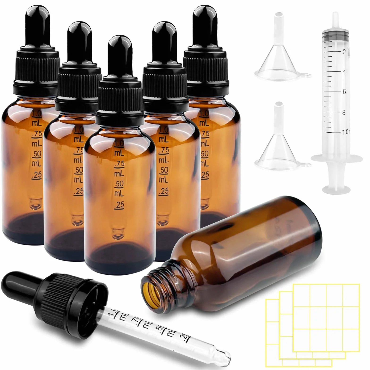 Brevanza 6 pezzi contagocce vetro scuro 30ml con imbuti per oli essenziali