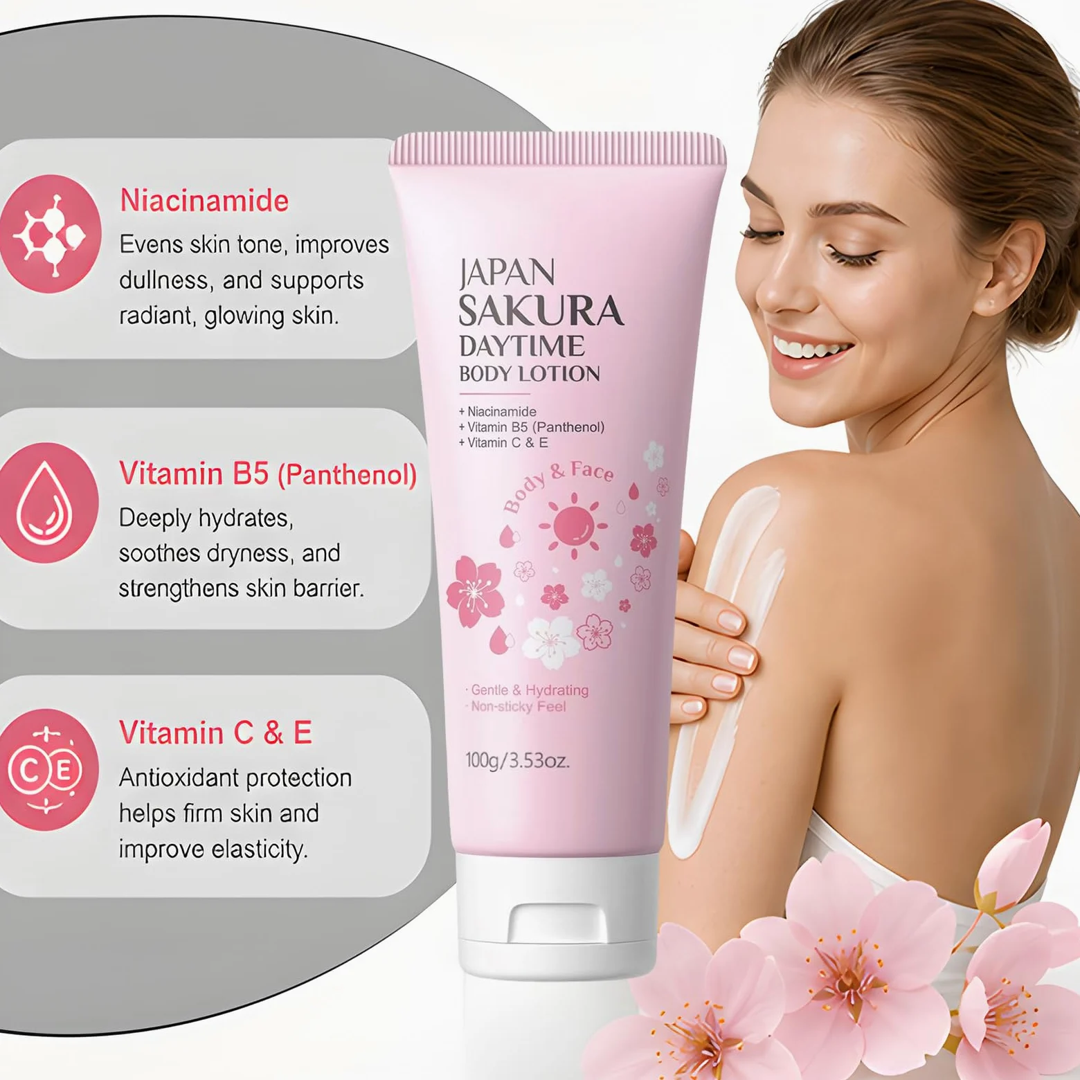 Giapponese Fiori di Ciliegio (Sakura) Illuminante Corpo Lozione - Rassodante e Anti-invecchiamento Idratante Quotidiano, Donne Pelle Secca Serraggio Profumato Idratante Crema (5 pezzi)