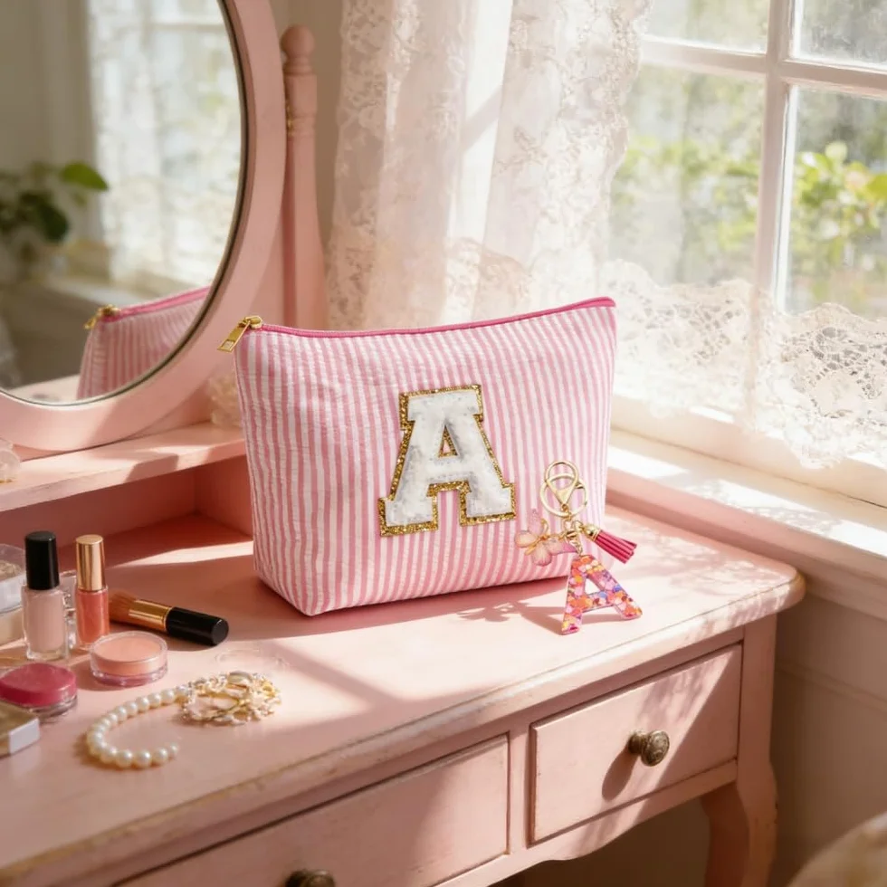 Pochette Personalizzata Beauty Case Portachiavi Bambina Ragazza con Iniziale Regalo Natale Donna Rosa