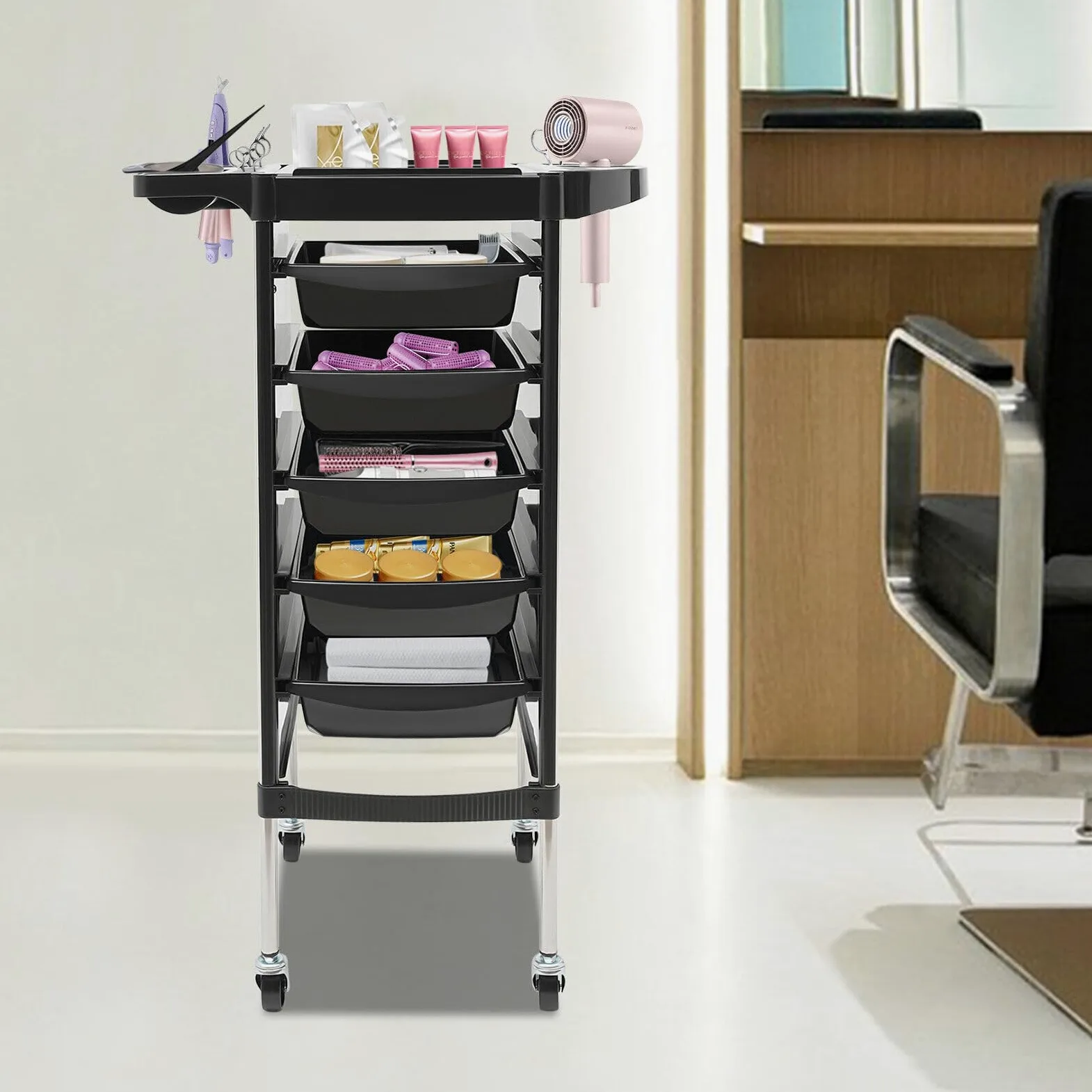 Carrello per Parrucchiere TRIEBAN Pieghevole con 5 cassetti per Parrucchieri, saloni di Bellezza (Nero)