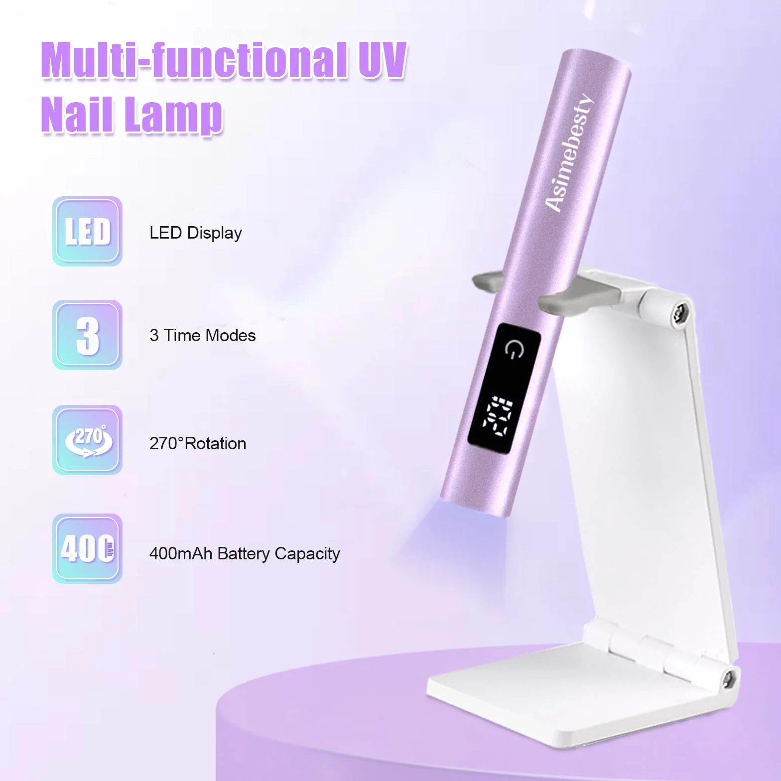 Mini Lampada UV LED Unghie, Lampada UV Unghie Piccola 3W, Lampada Gel Unghie con Supporto, 20/60/90S Timer, Ricaricabile Portatile Torcia per unghie Gel Asciugatura Rapida Viola