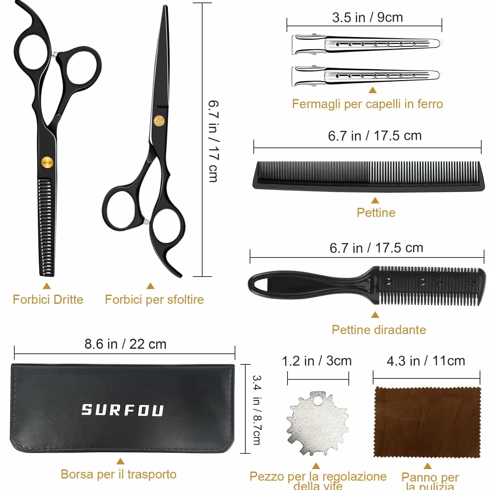 SURFOU Forbici Parrucchiere Professionali, Forbici sfoltenti da 6,7 pollici-In acciaio inossidabile, Set da 9 pezzi con pettine, Adatto per uomini/donne/pets/uso domestico e saloni, Nero