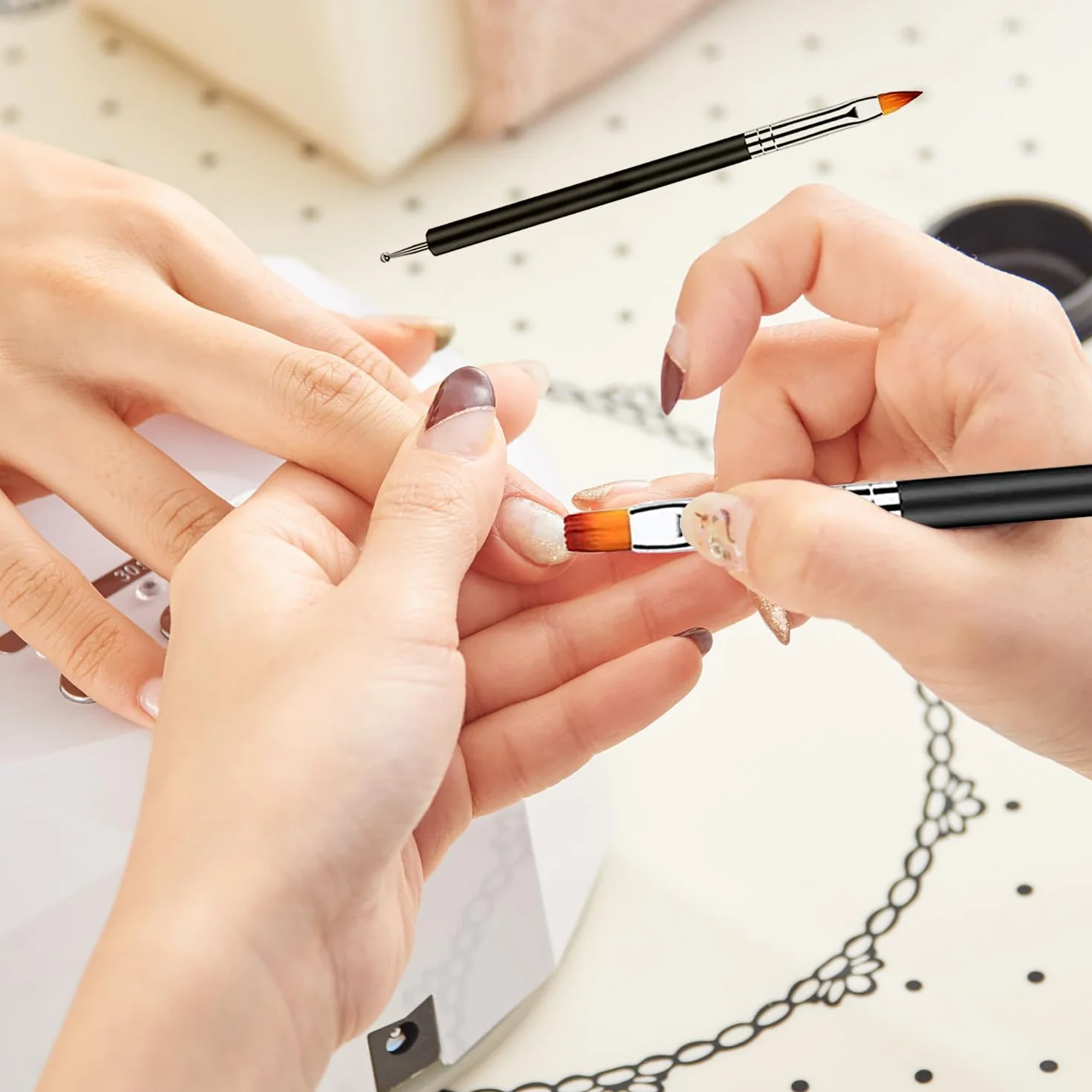 Pennelli Unghie Gel Doppia Punta Nail Art 6 Pezzi con Punteggiatura per DIY Decorazioni Nero