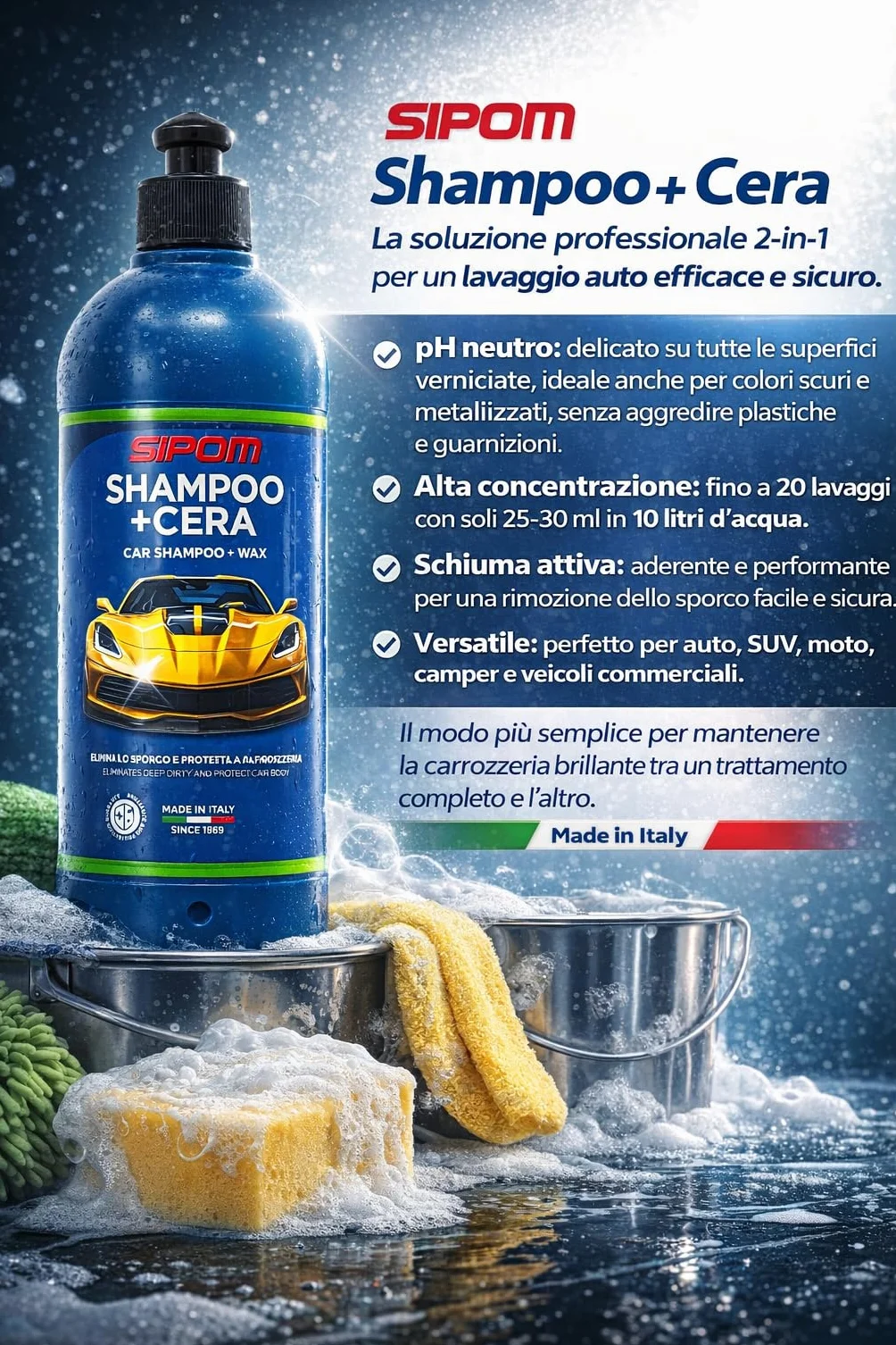 SIPOM Shampoo Auto Professionale con Cera Carnauba pH Neutro 500 ml
