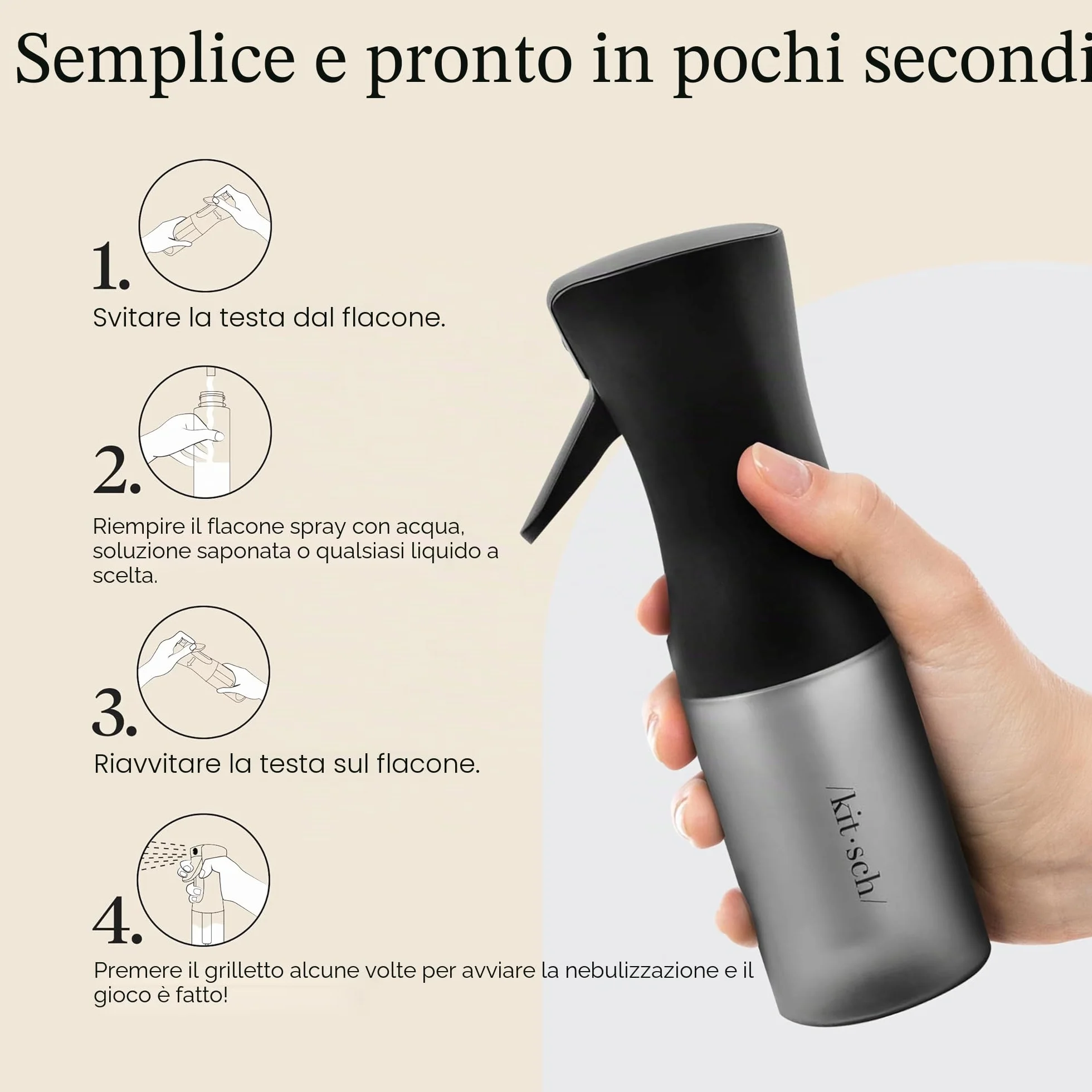 Kitsch Flacone spray continuo per capelli – Nebulizzatore d'acqua a nebbia fine – Flacone spray per capelli riciclato – Flaconi spray per pulizia, styling, piante e altro – Nero, 150 ml