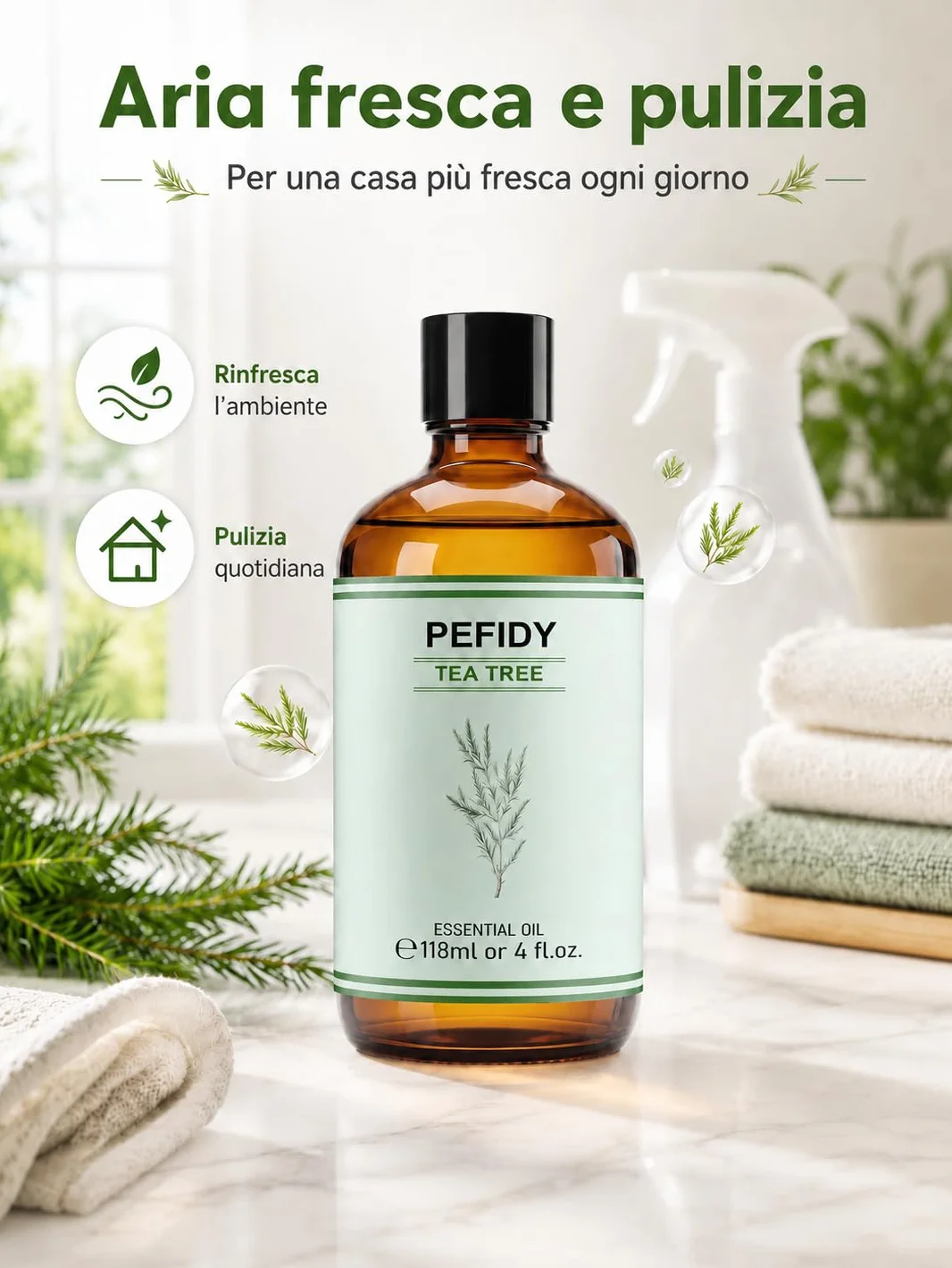 Olio Essenziale di Tea Tree 118ml, Olio di Melaleuca Alternifolia Distillato a Vapore, con Contagocce