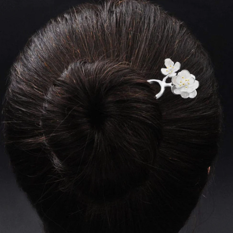 Gioielli per Capelli Cinesi, Bacchette for Capelli retrò a Forma di U in Argento 925 for Donna, 2 forcine for Capelli con Fiori di pesco, Perle Etniche, 2 Punte for Chignon.