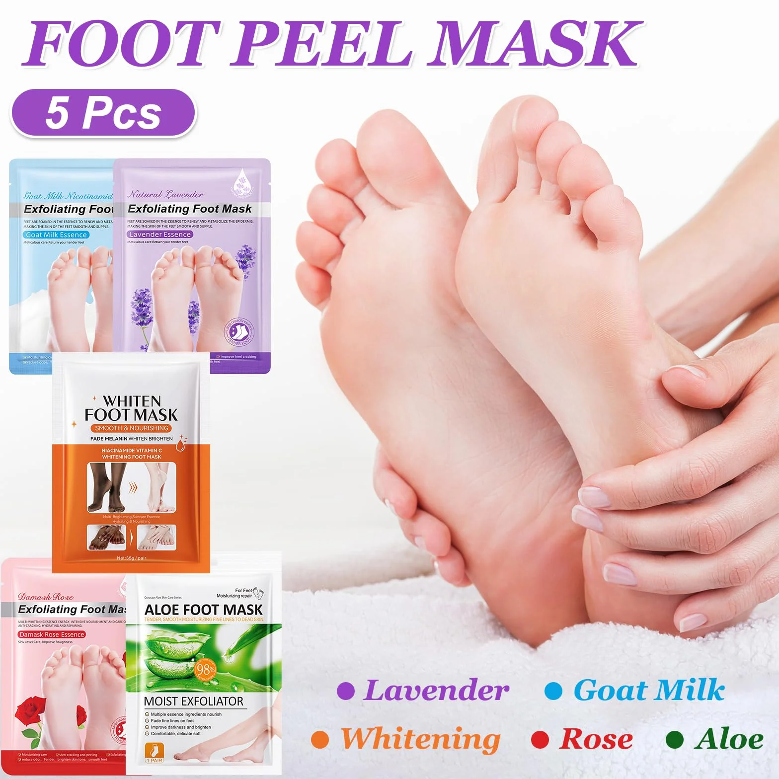 5 Paia Maschera Piedi Esfoliante, Calzini Idratanti per Piedi, Foot Peel Mask per Calli, Pelle Morta e Talloni Screpolati, Lavanda Latte di Capra Rosa Aloe Sbiancamento Foot Mask per Donne e Uomini
