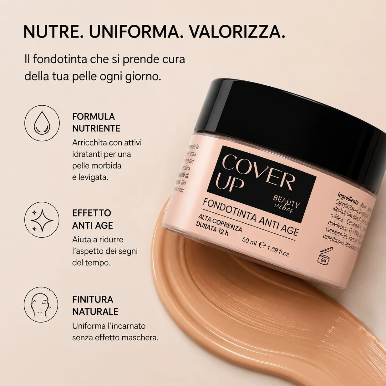 CoverUp Fondotinta Idratante Anti-Rughe 100ml | Con Sodio Ialuronato, Copertura Modulabile da Media ad Alta, Effetto Naturale e Lunga Durata, Waterproof