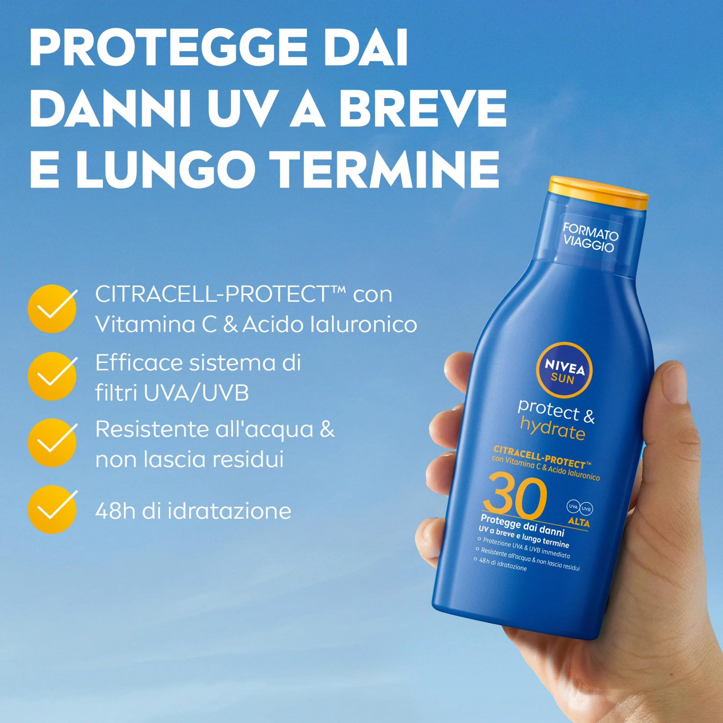 NIVEA SUN Protect & Hydrate SPF 30 Crema Solare 100 ml Idratante 48h Resistente All'Acqua Vitamina C Acido Ialuronico