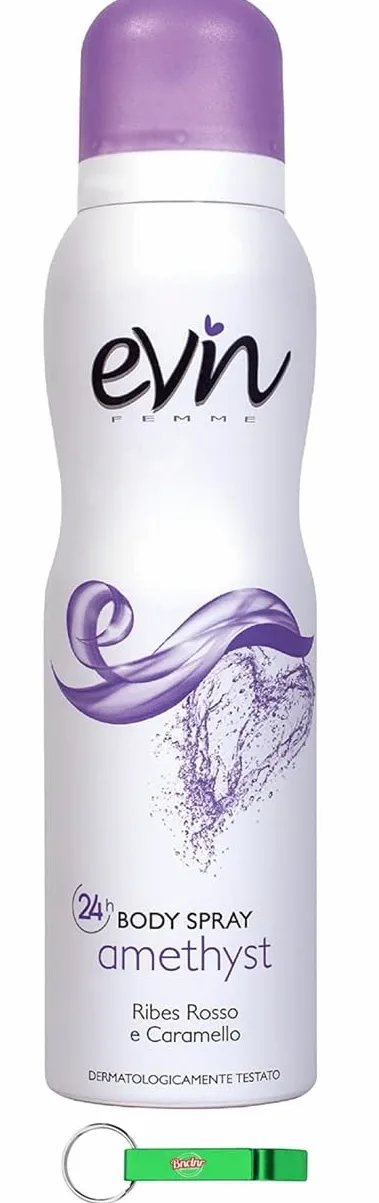 12 X EVIN FEMME | Deodorante da donna spray ametista, profumo di ribes rosso e caramello, formula attiva 24 ore, dermatologicamente testato, 150 ml + portachiavi Beni Culinari