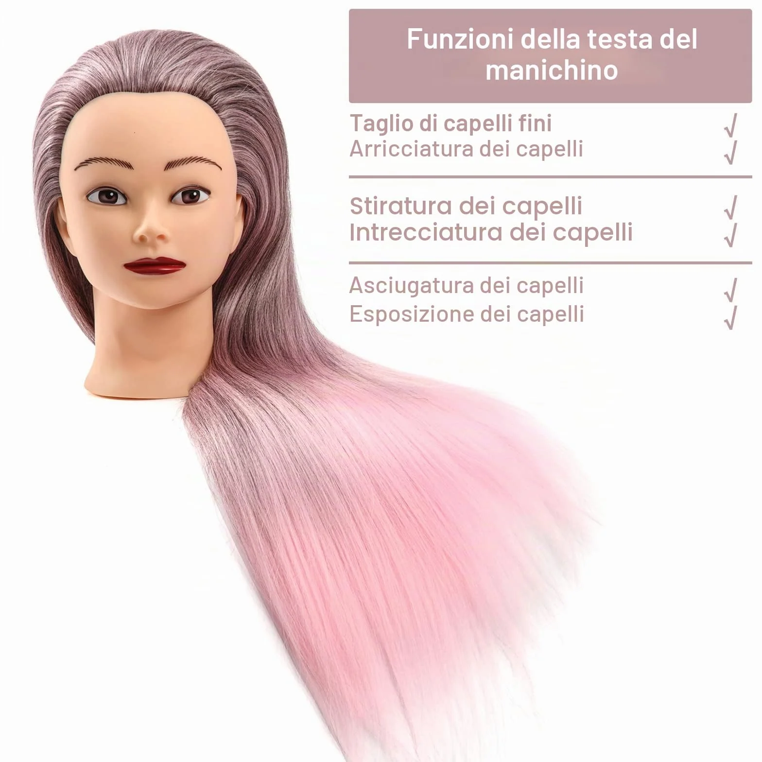 Testa di Formazione per Parrucchieri in Fibra Sintetica 26-28 Pollici Rosa Sfumato