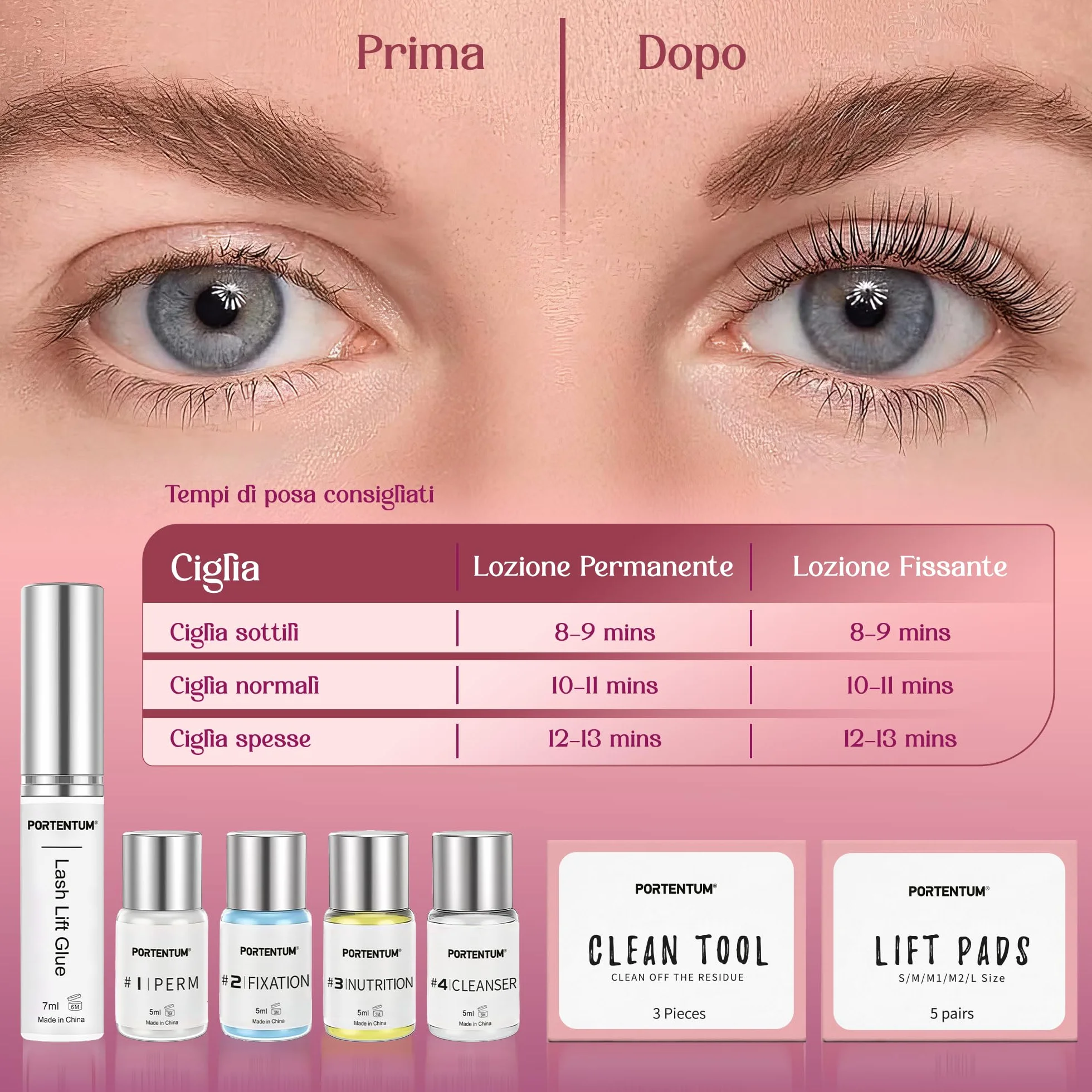 PORTENTUM Kit Laminazione Ciglia Professionale Semipermanente per Ciglia Arricciate