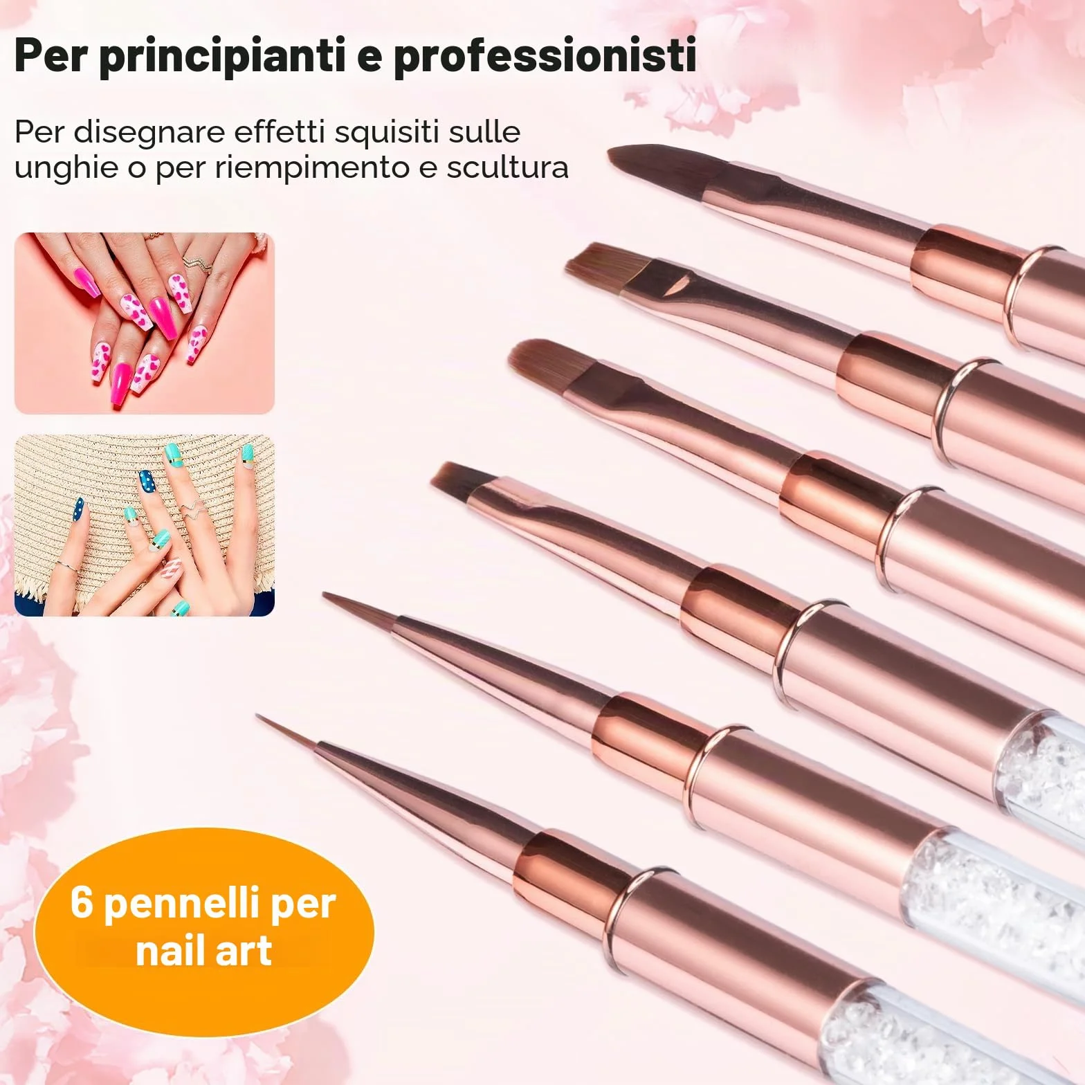 6 Pezzi Pennelli per Unghie, Penelli Unghie Professionali Set, con Manico con Strass e Setole in Nylon per principianti professionisti
