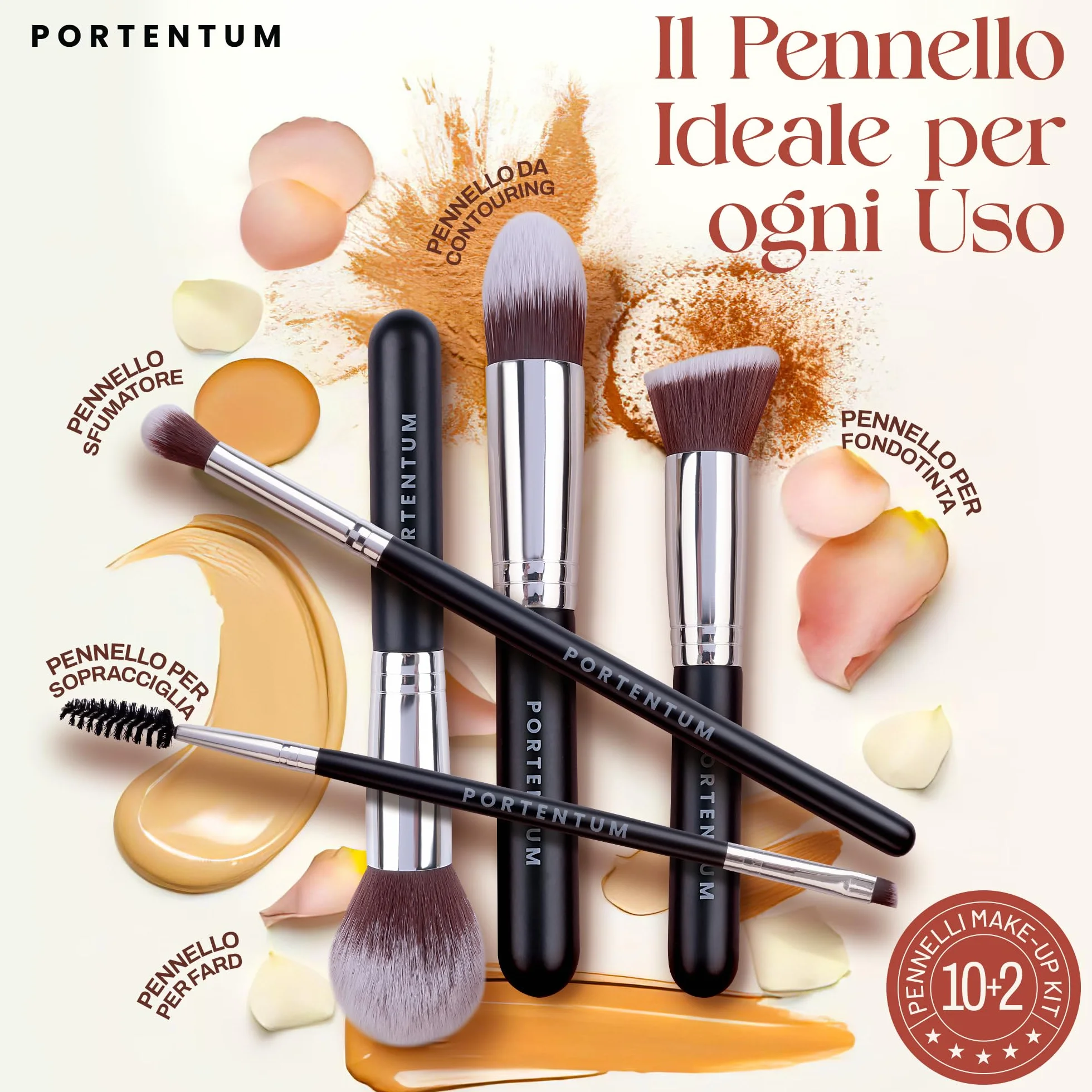 PORTENTUM Set Pennelli Make Up 10+2 Premium Synthetic Trucco Fondazione Cipria Fard Ombretto con Spugnetta e Blender Beauty
