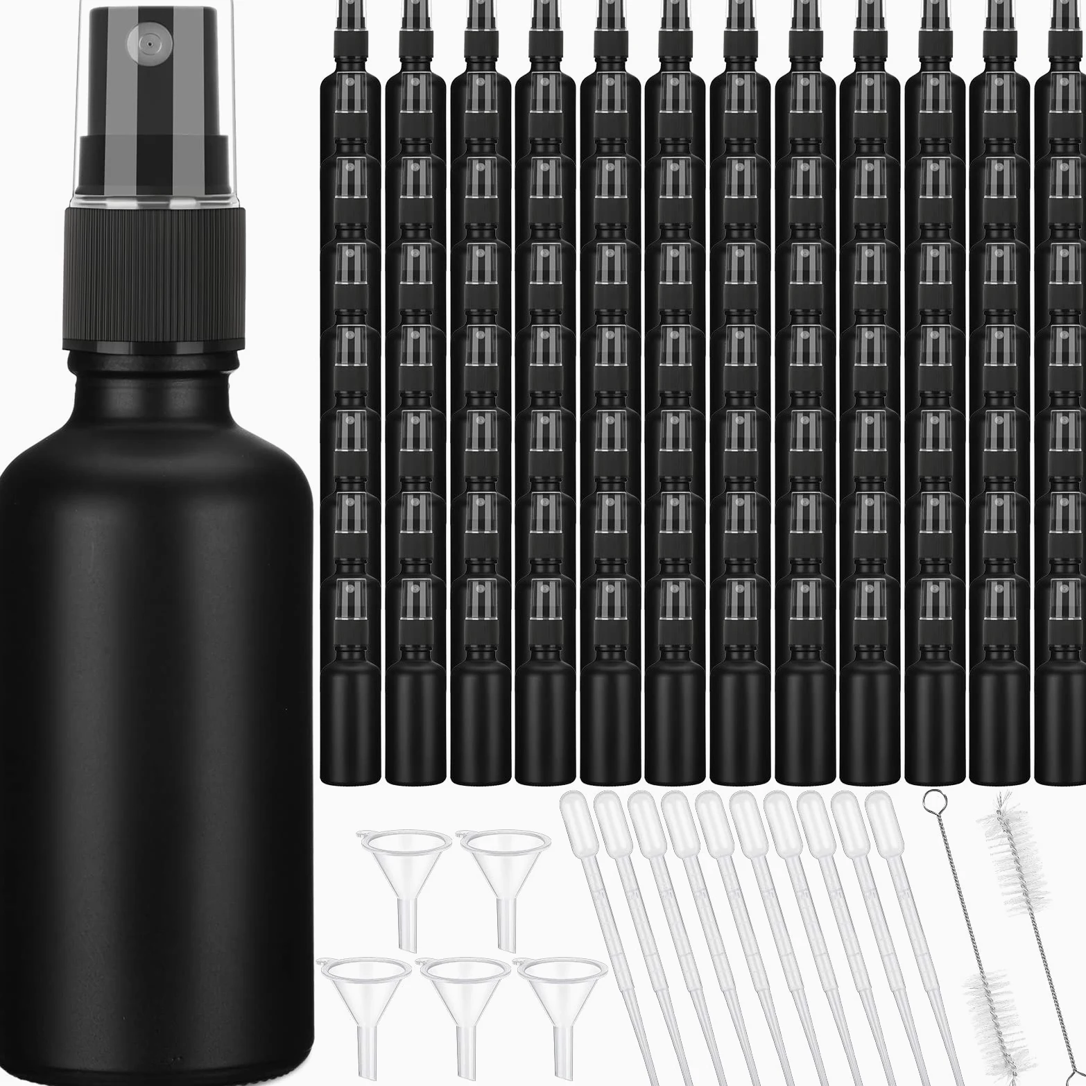 Nuogo 100 flaconi spray in vetro da 56,7 ml, flaconi per cosmetici riutilizzabili, vuoti, piccoli, con 10 contagocce, 5 imbuti, spazzole per soluzioni di pulizia degli oli essenziali (nero)