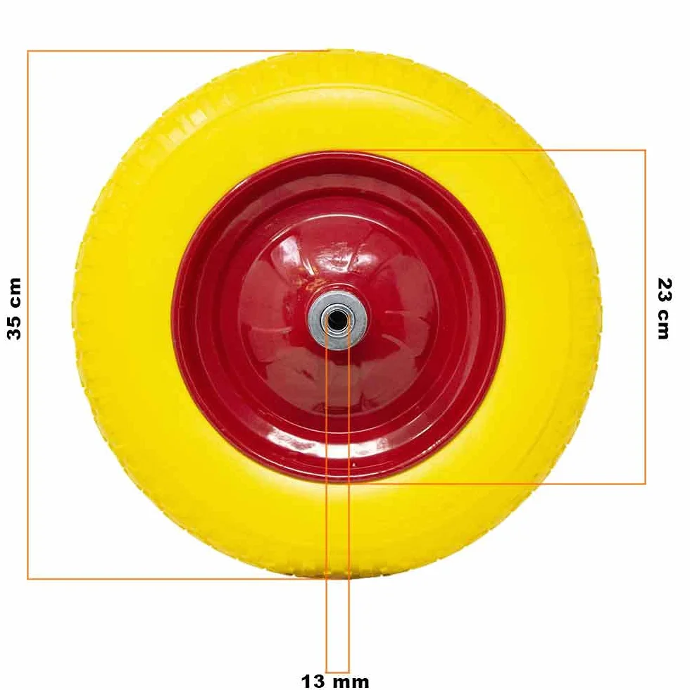 Bakaji Ruota Piena in Poliuretano Giallo Antiforatura per Carriola 35x9cm 3.50-8 Cerchio Acciaio Asse 210mm