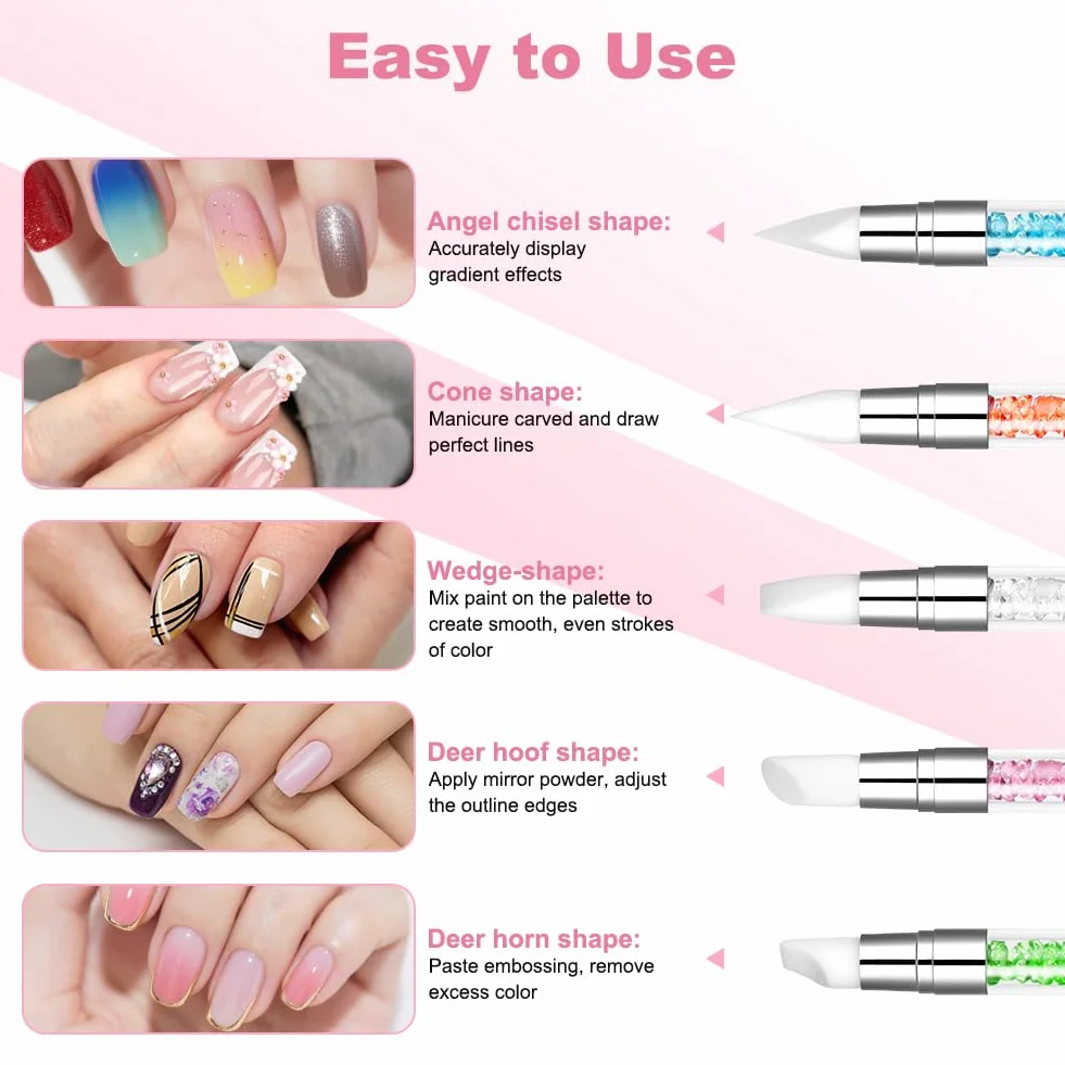 Pennelli in Silicone per Unghie, 5 Pezzi Pennelli in Nail Art con due punte Pennello, Nail Art Sculpture Pen, per intaglio per unghie in gel Strumenti per nail art, per nail art DIY