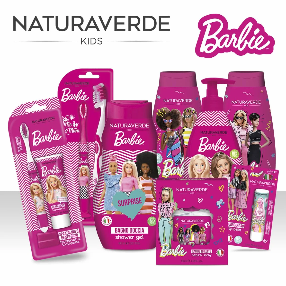 Naturaverde | Barbie Bagnoschiuma 250 ml, Formula Delicata con Estratto di Camomilla Biologica per l' Igiene Sicura dei Bambini