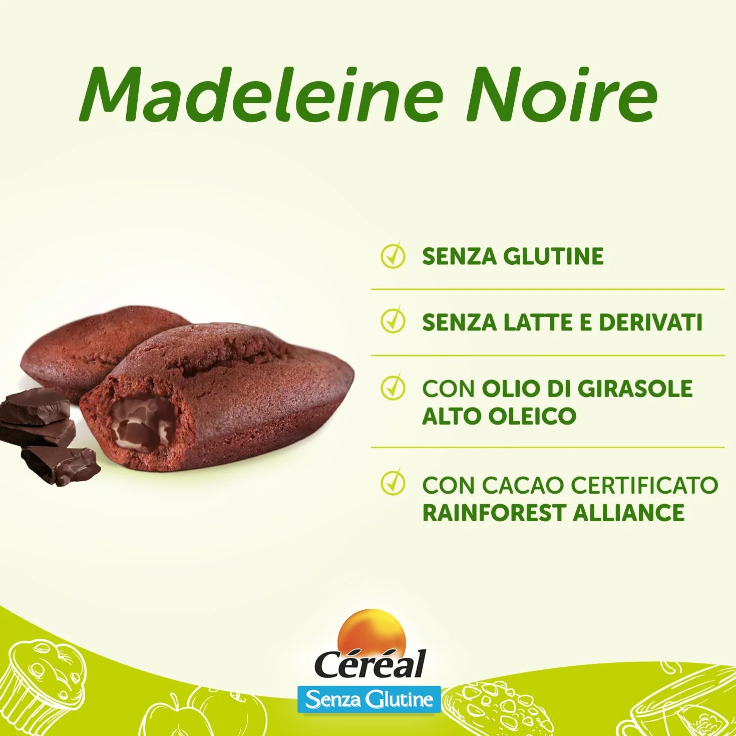 Céréal Madeleine Noire, Merendine Senza Glutine e Lattosio, Dolci Senza latte, Dolci con cioccolato fondente certificato RFA, 200 g