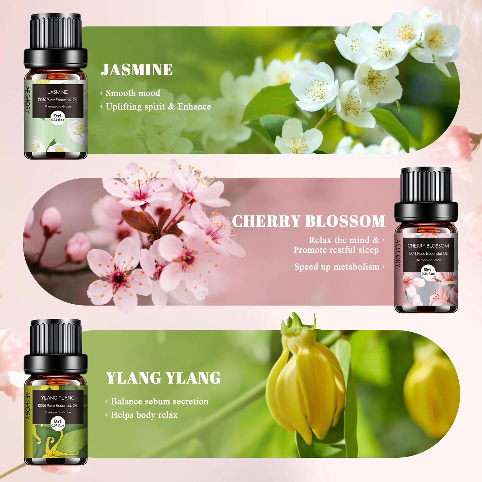 AESHORY Set Olio Essenziale 6 x 10ML Aromaterapia Naturale Lavanda Rosa Tè Bianco Fiori di Ciliegio Gelsomino Ylang Ylang