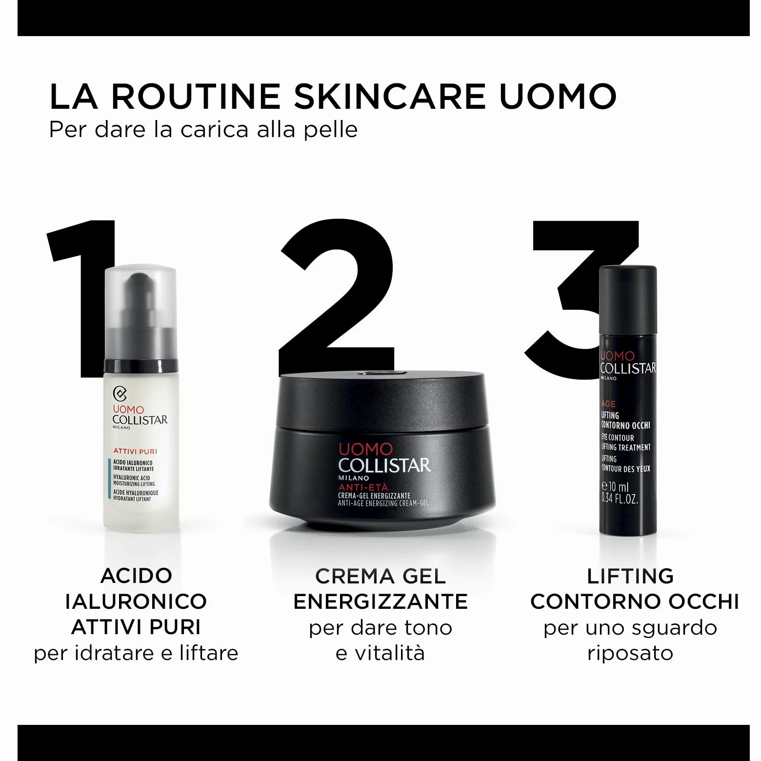 Collistar Linea Uomo Crema-Gel Energizzante, Azione antirughe e antifatica, 50 ml & Attivi Puri Uomo Siero Acido Ialuronico Idratante Liftante, Siero ricompattante anti-rughe ad azione levigante 30 ml