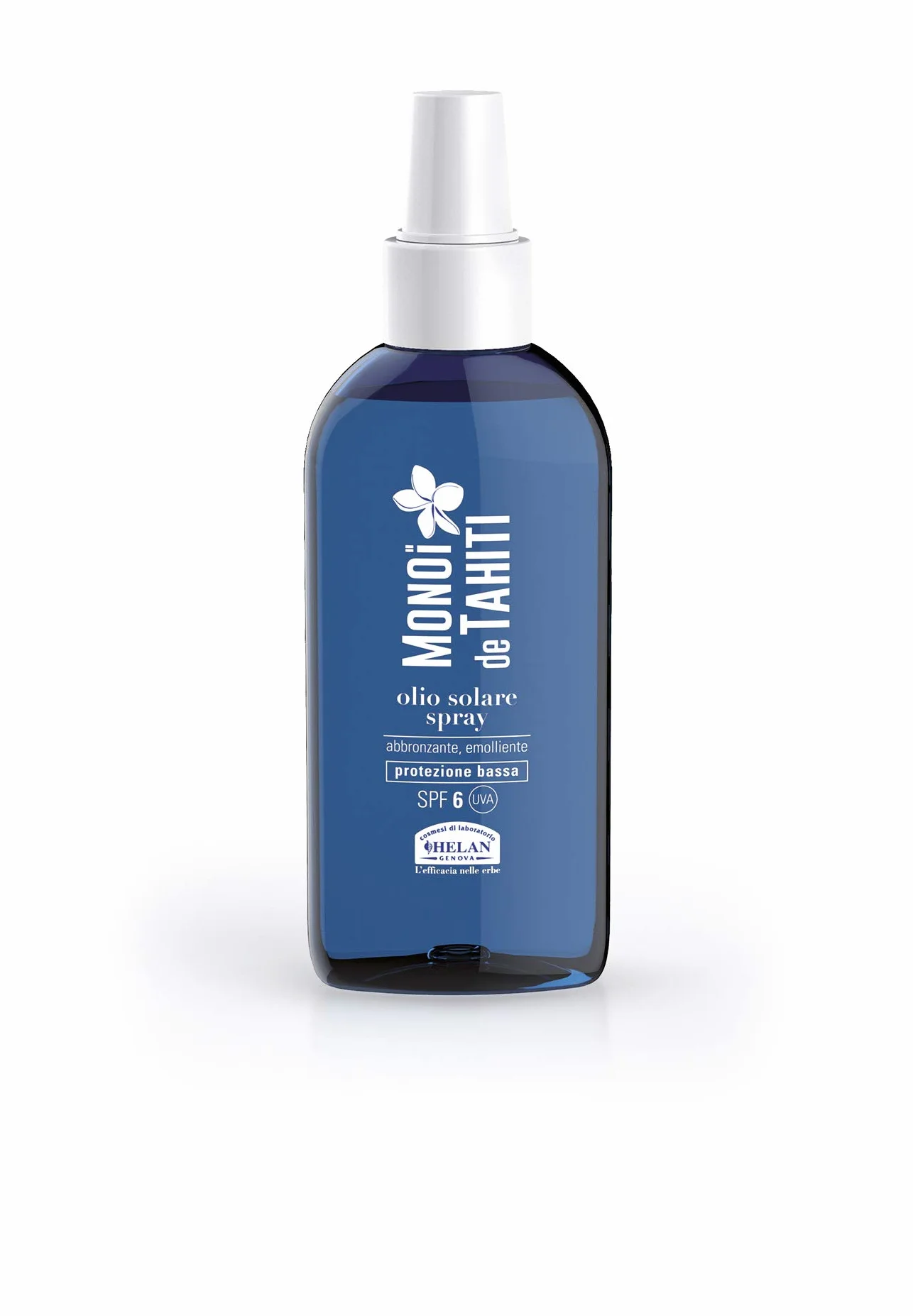 Helan, Monoi de Tahiti - Olio Abbronzante Corpo con Protezione Solare 6 SPF Bassa Profumato e Idratante, Olio Solare Spray Emolliente Esalta e Fissa Abbronzatura contro Scottature e Secchezza, 150 ml