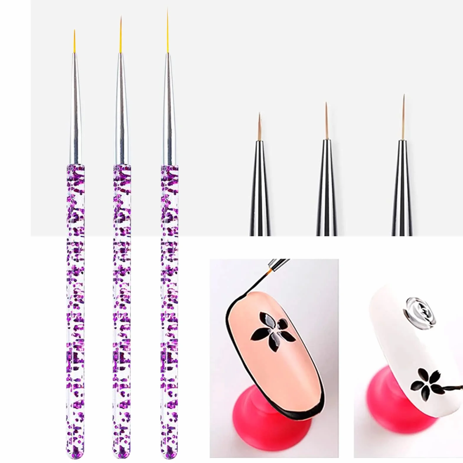 Pennelli Unghie, 15 Pezzi Nero Pennelli Unghie e 3 Pezzi Viola Pennelli per Unghie, Acrilico Gel Pennelloper Unghie Set pennelli per dettagl per Nail Art Design