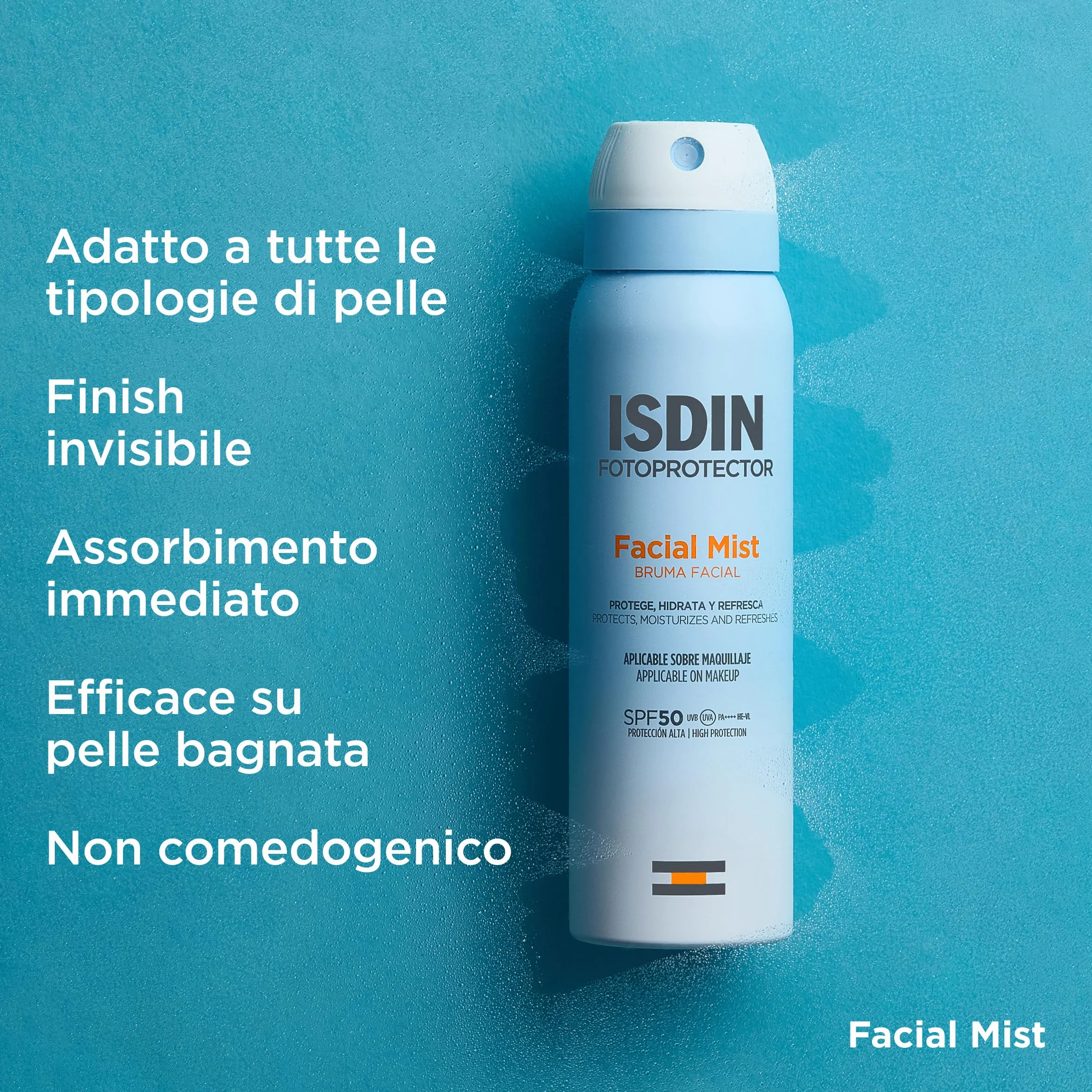 ISDIN Facial Mist SPF 50 100 ml Nebbia Solare Viso Protegge Idrata Fissa Trucco Resistente all'Acqua