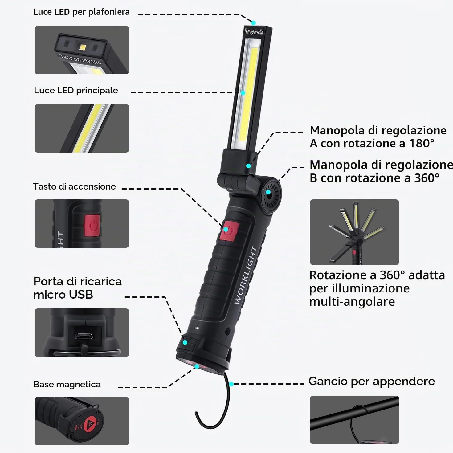 Torcia Magnetica Ricaricabile USB COB 5 Modalità Portatile con Gancio per Campeggio Esterna Autofficina