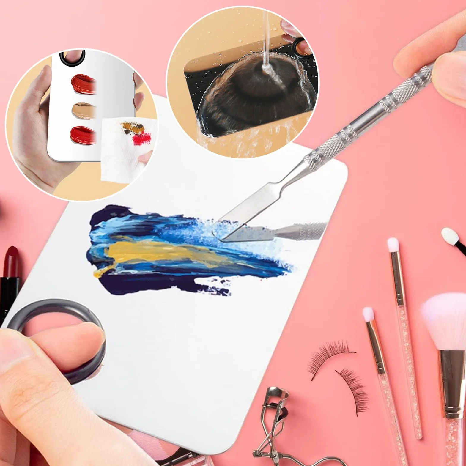 Palette per Miscelazione del Trucco Acciaio Inossidabile Tavolozza di miscelazione con Spatola per Mescolare Fondotinta, Argento