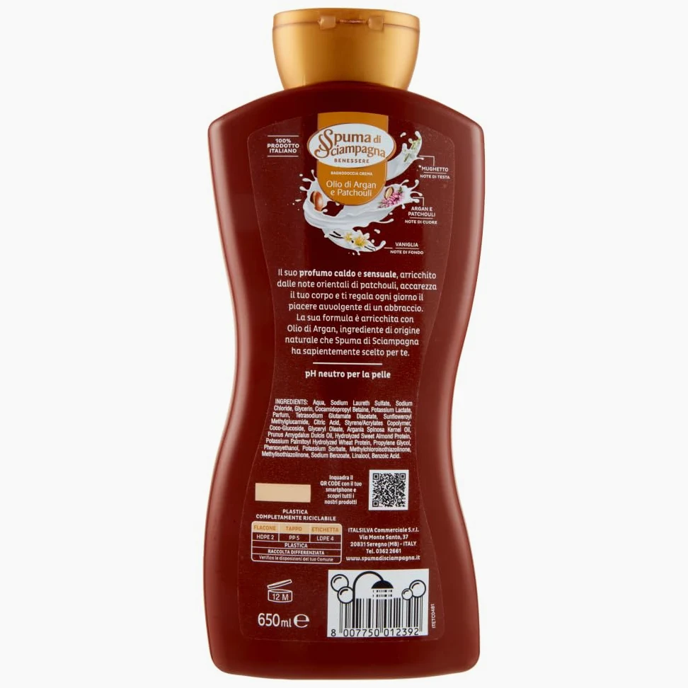 8 x Spuma di Sciampagna Bagnodoccia Crema Nutriente – Gel doccia con olio di argan e patchouli – Cura del corpo e lavaggio 650 ml + portachiavi Beni Culinari
