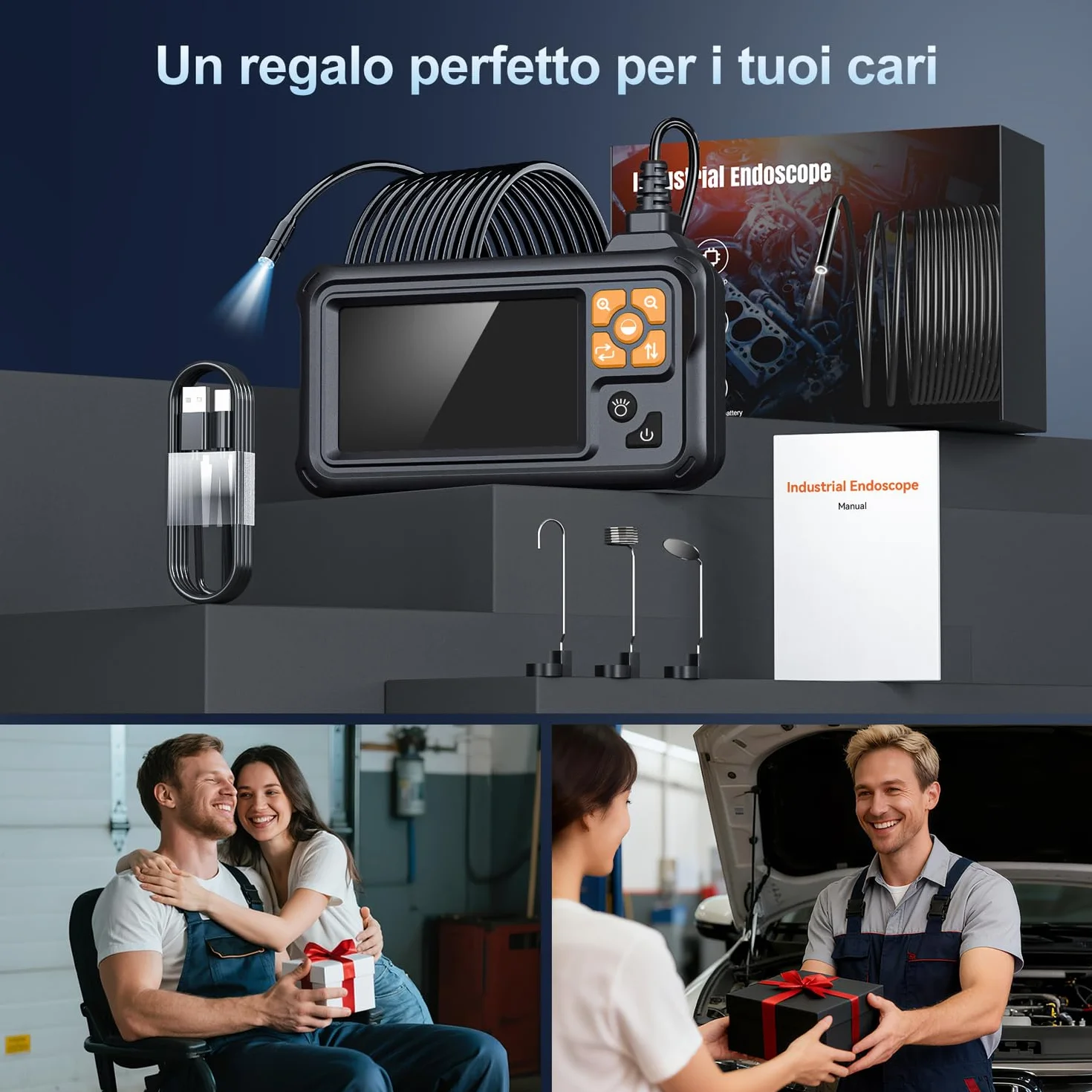 SKYBASIC Endoscopio Industriale HD 1080P 4,3 Pollici Schermo IPS IP67 Impermeabile 8 LED Cavo Semirigido 5M