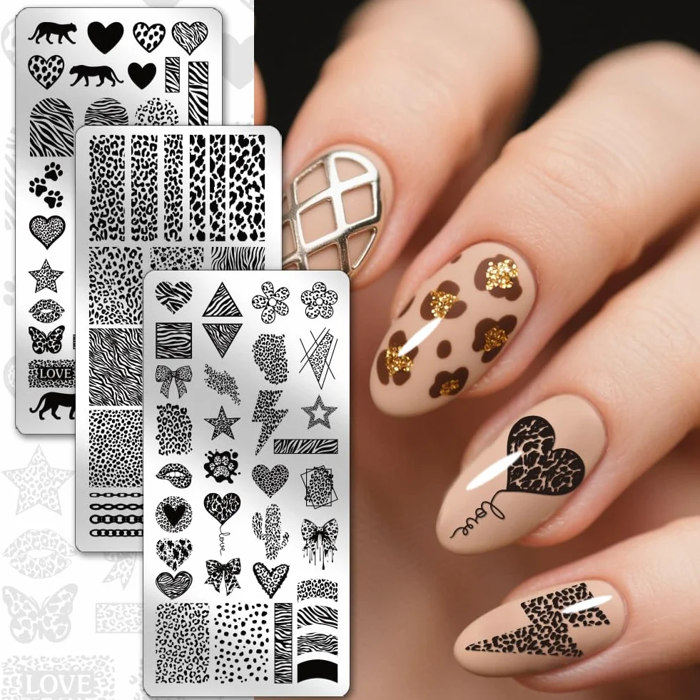 PH PandaHall 3 piastre per stampaggio unghie leopardate con stampa animalier per unghie modelli artistici linee geometriche timbro per unghie cuore stella unghie stencil arte per manicure accessori di